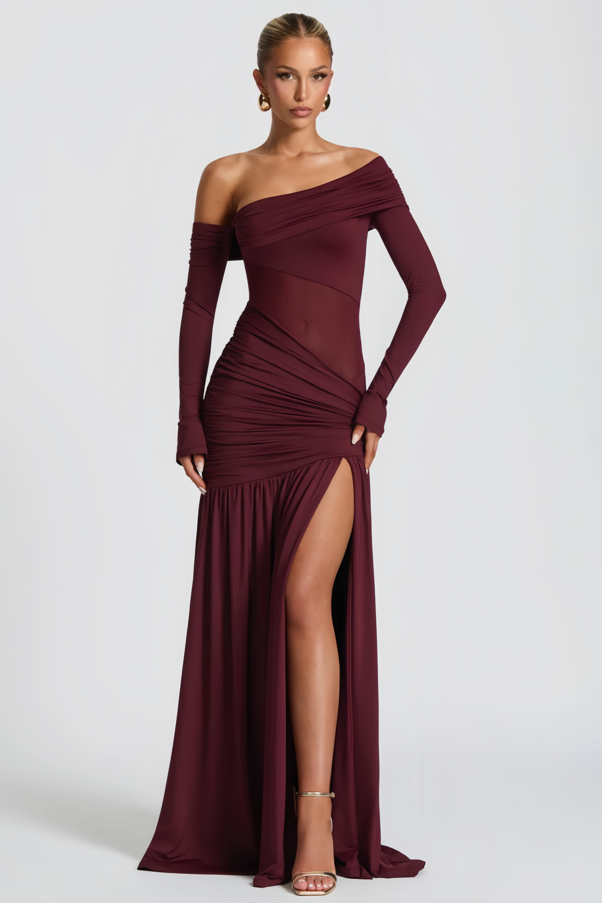 Anastasia Burgundy One Shoulder Gathered Maxi Dress (Final Sale-US Only)