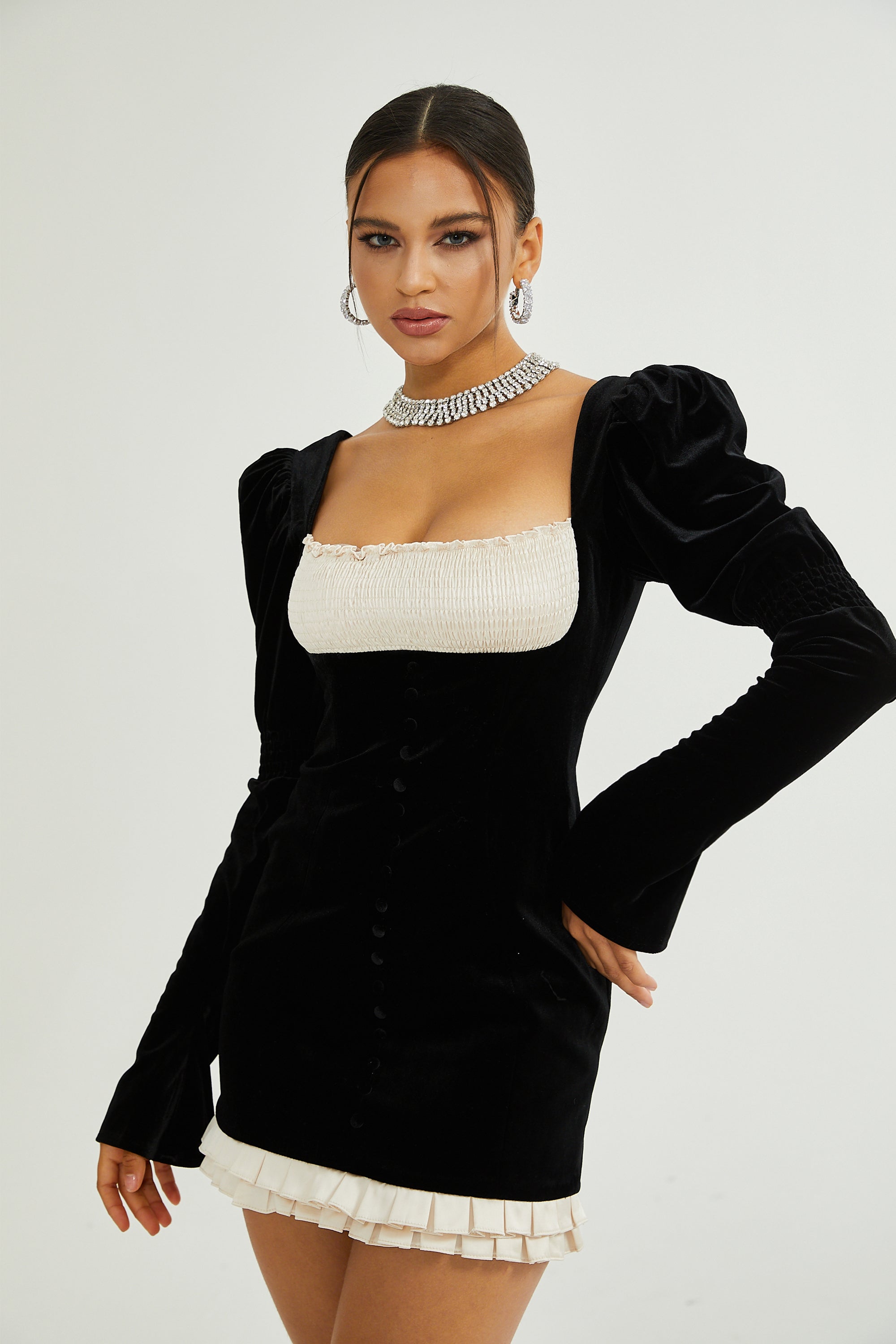 Coralie long-sleeved velvet mini dress