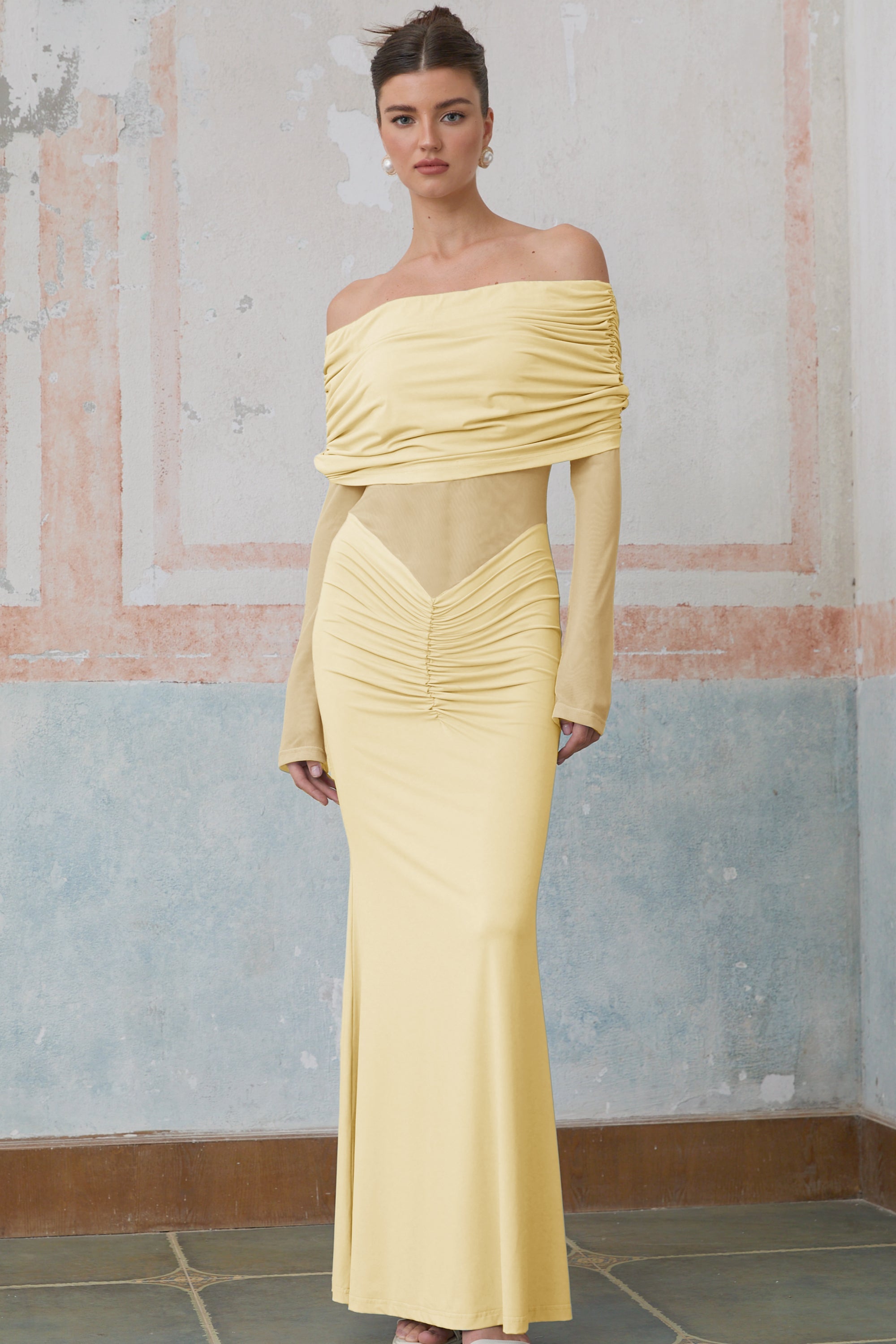 Ninon Yellow Off Shoulder Ruched Maxi Dress (Final Sale)
