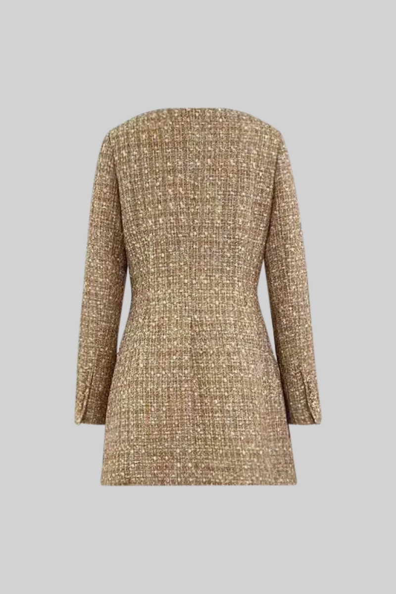 LYONA Tweed Mini Dress with Massive Gold Buttons - Beige
