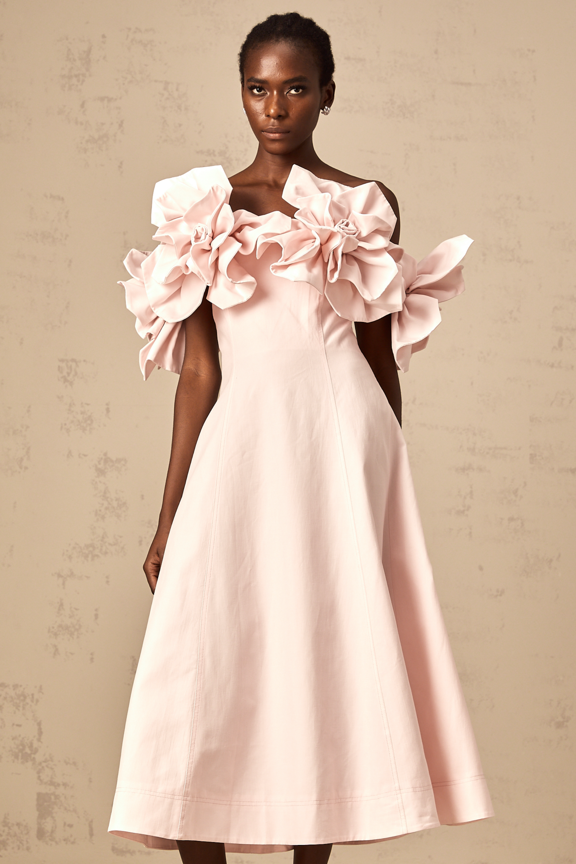 Juliette pink off-shoulder 3D-petal midi dress (Final Sale-US Only)