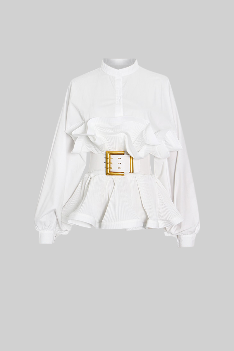 SERILDA Ruffle Shirt with Massive Belt - White