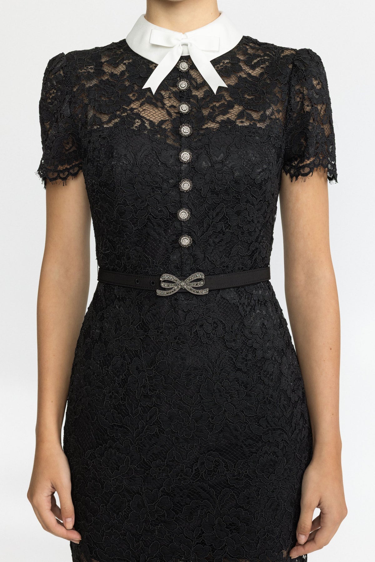 Corded Lace Bow Collar Midi Dress - Black