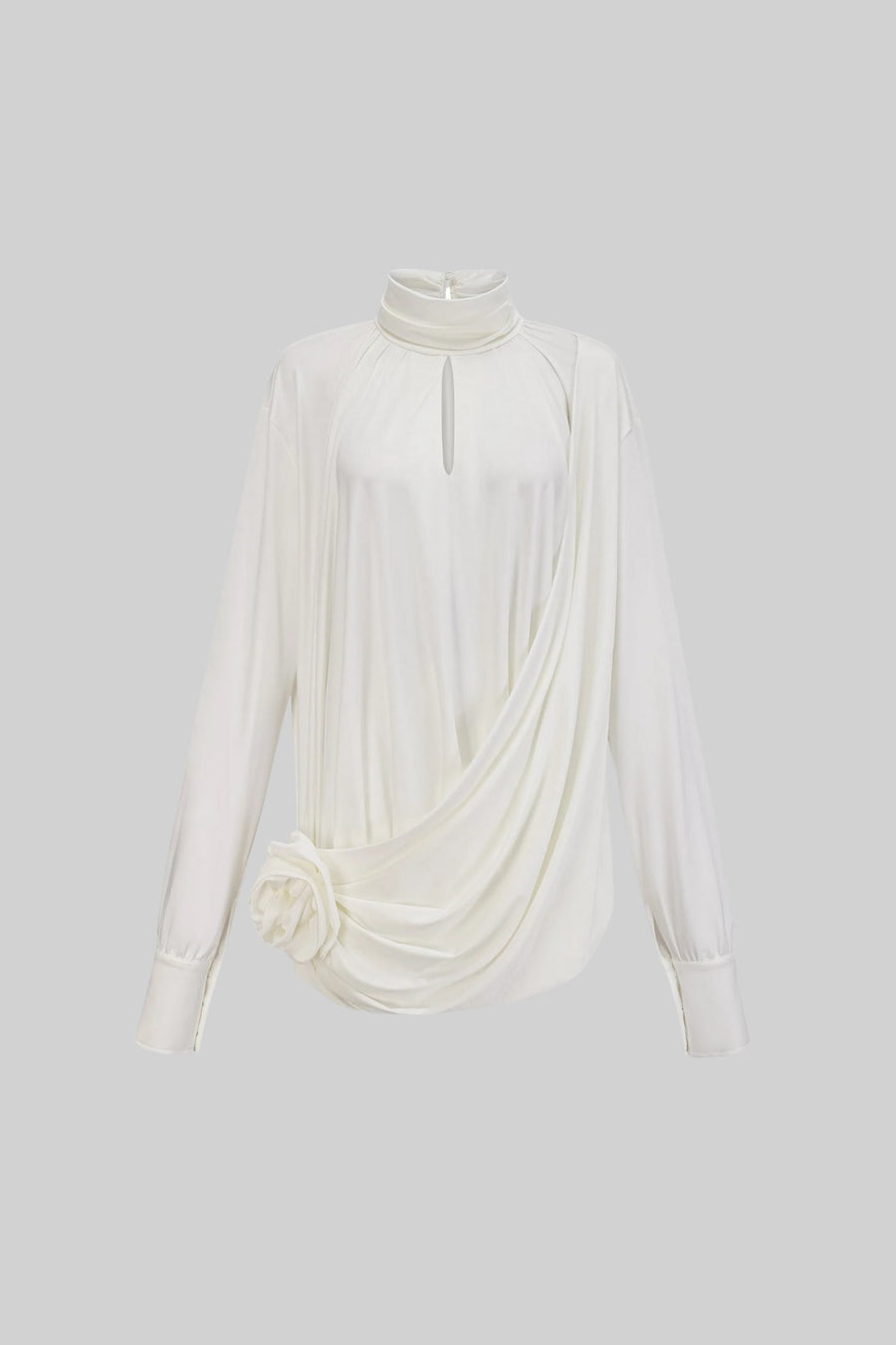 Elegant High-Collar Dress With Draped Details And Side Rose Embellishment - Ivoire