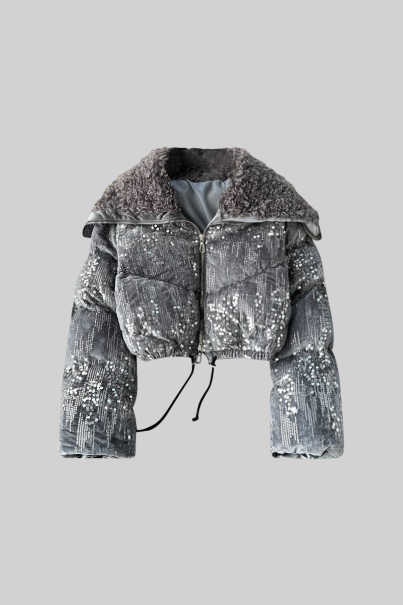 MONACO Glamorous Jacket with Sparkles and Fur Detail - Gray