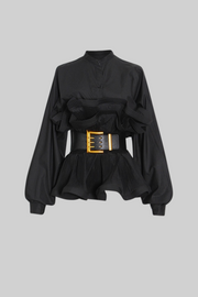 SERILDA Ruffle Shirt with Massive Belt - Black