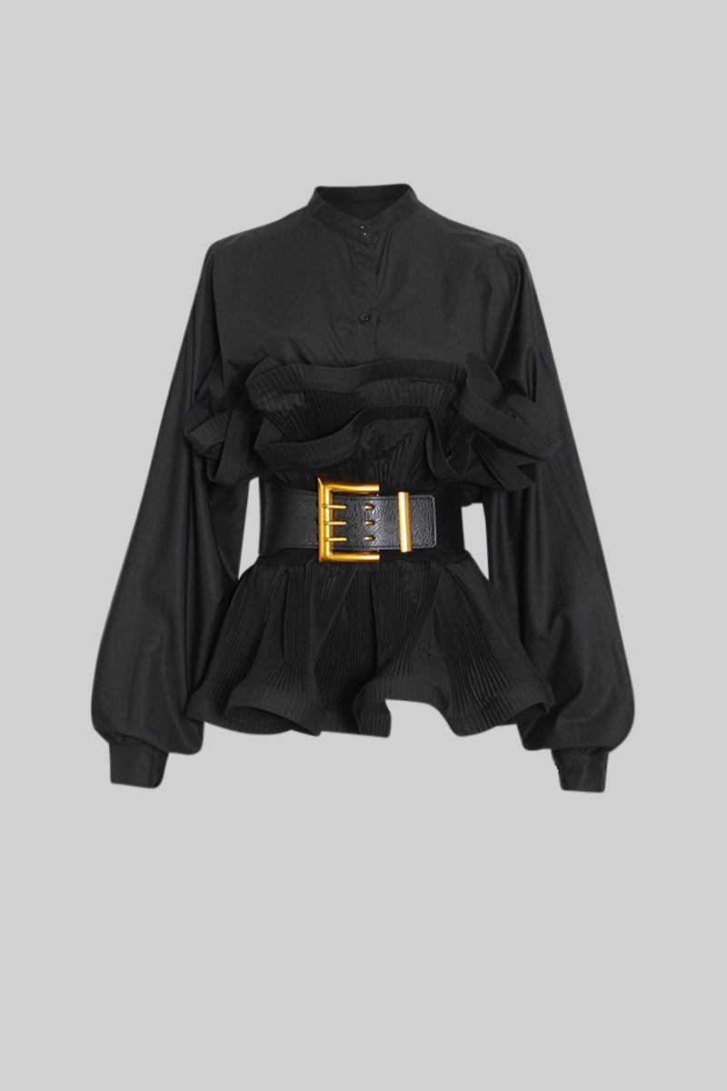 SERILDA Ruffle Shirt with Massive Belt - Black