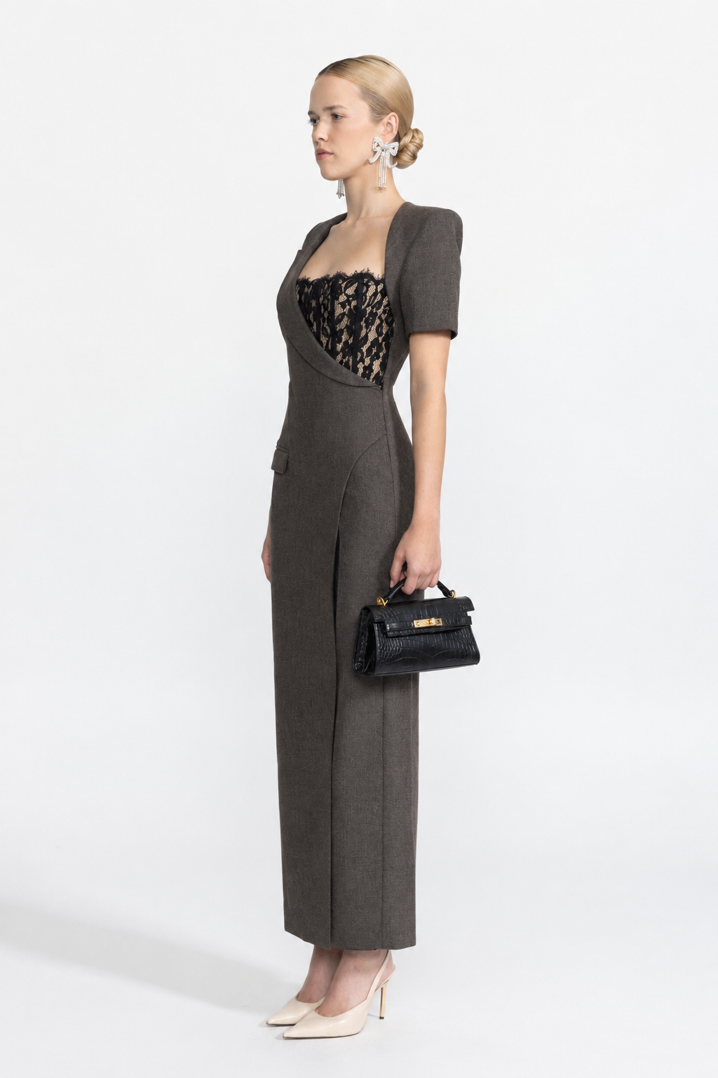 Seraphine Charcoal Lace Bustier Asymmetric Blazer Maxi Dress