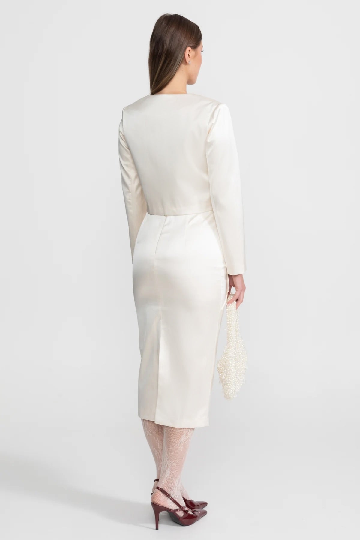 Taffeta Pencil Skirt with Bow and Floral Details - Ivoire