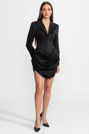 Tailored Mini Dress with Draped Skirt Detail – Black