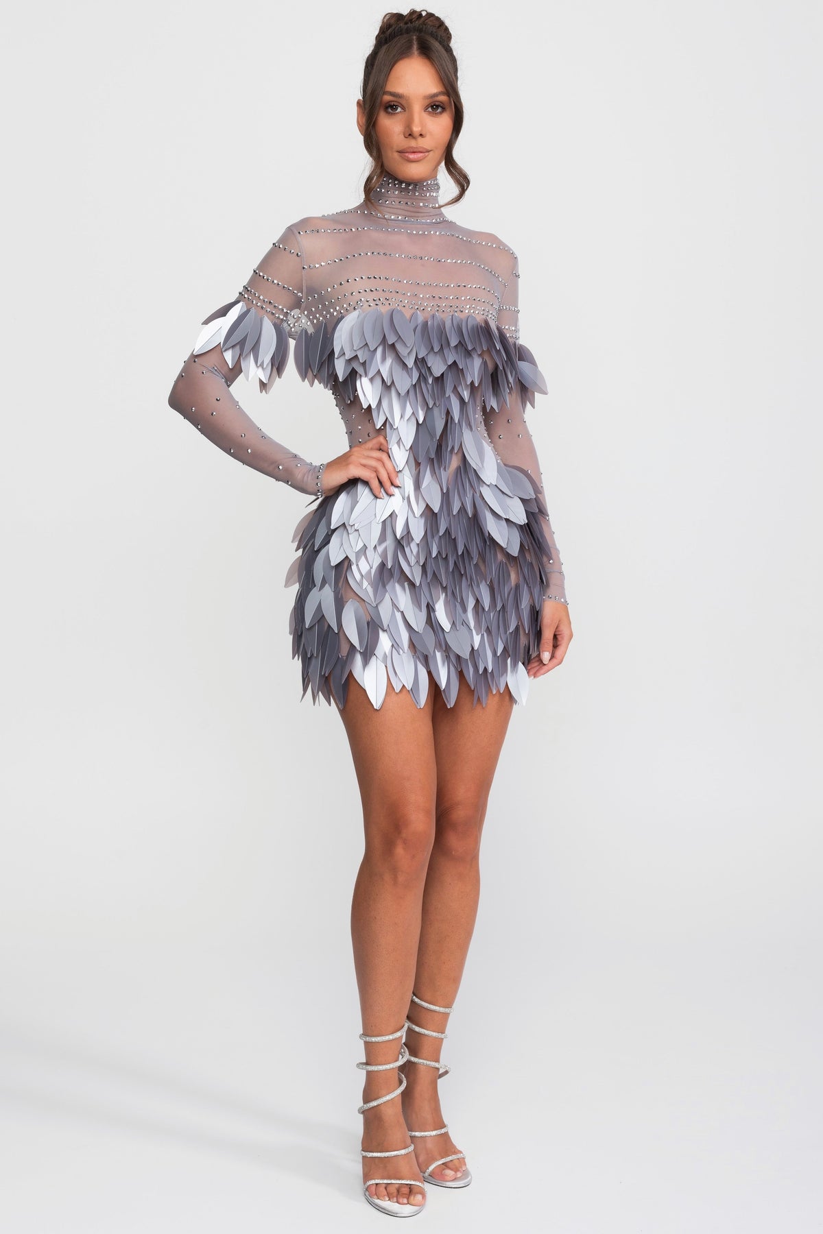 Sheer Mesh Feather-Panel Mini Dress With Crystal Neckline - Gray