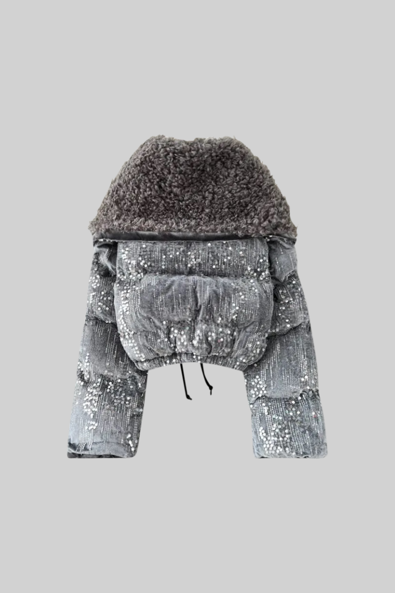 MONACO Glamorous Jacket with Sparkles and Fur Detail - Gray