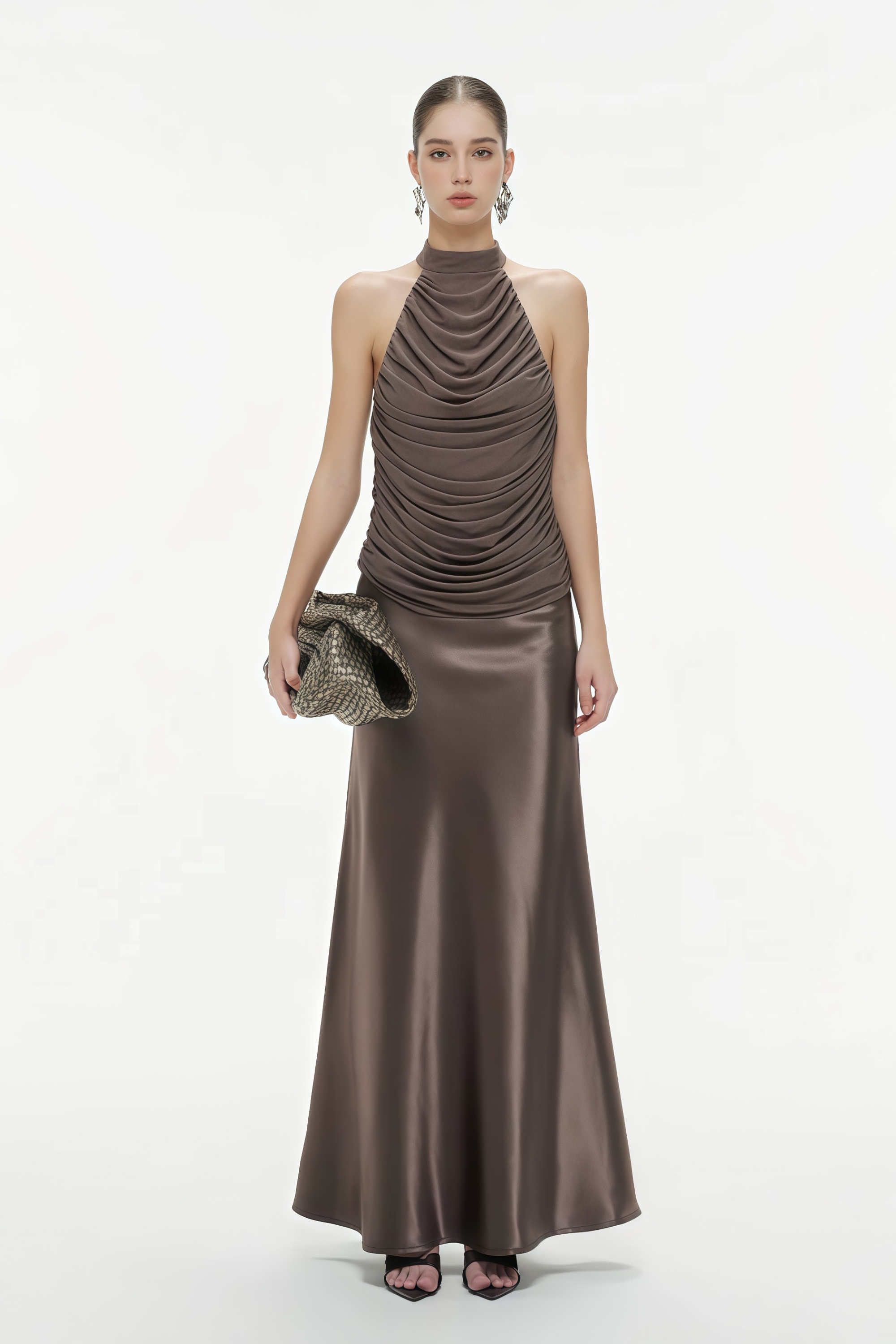 Hertha Grey Flared Satin Maxi Skirt