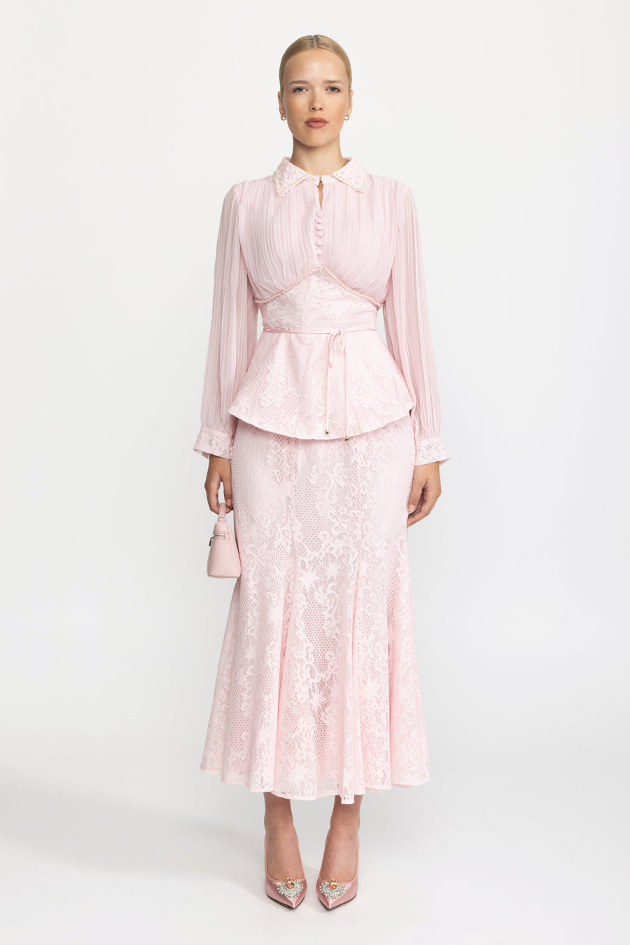 Pleated Chiffon Lace Peplum Blouse and Maxi Skirt Set - Pink