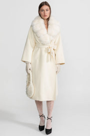 Wool Wrap Coat with Fox Fur Collar And Tie Belt – Ivoire