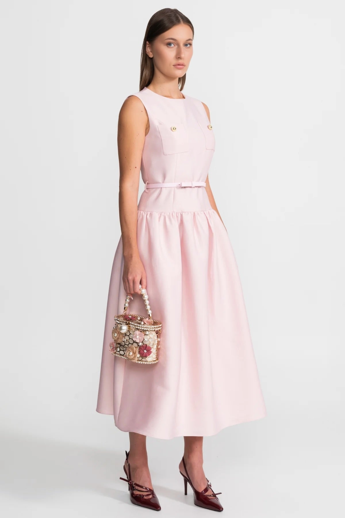 Sleeveless Midi Dress With Belted Waist And Front Pockets – Blush Pink