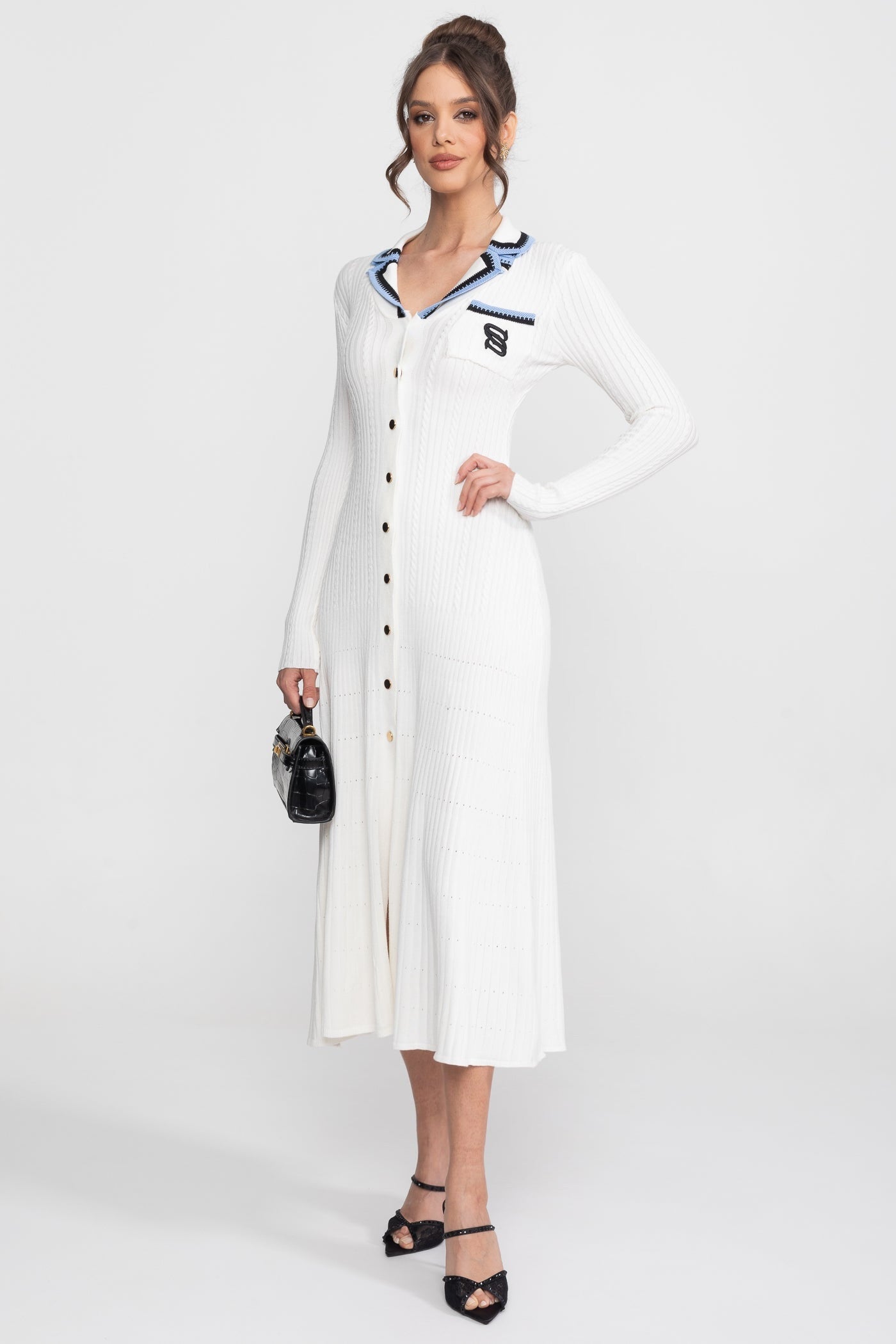 Long Sleeve Knit Midi Dress With Polo Collar And Monogram Patch - White