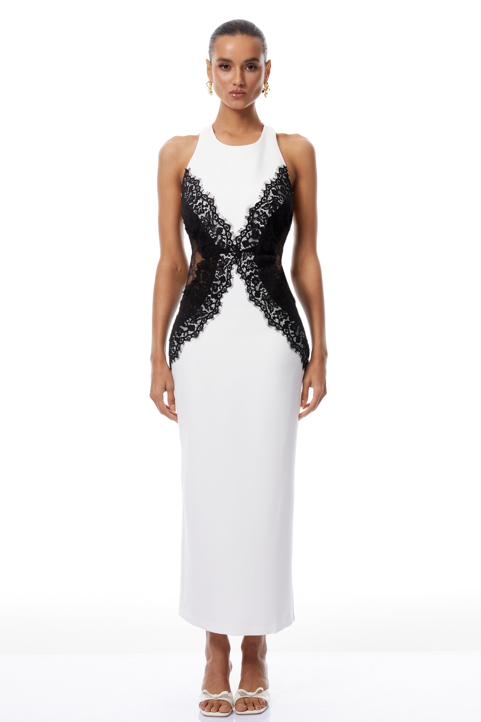 Ilaria White Halterneck Lace Panel Maxi Dress