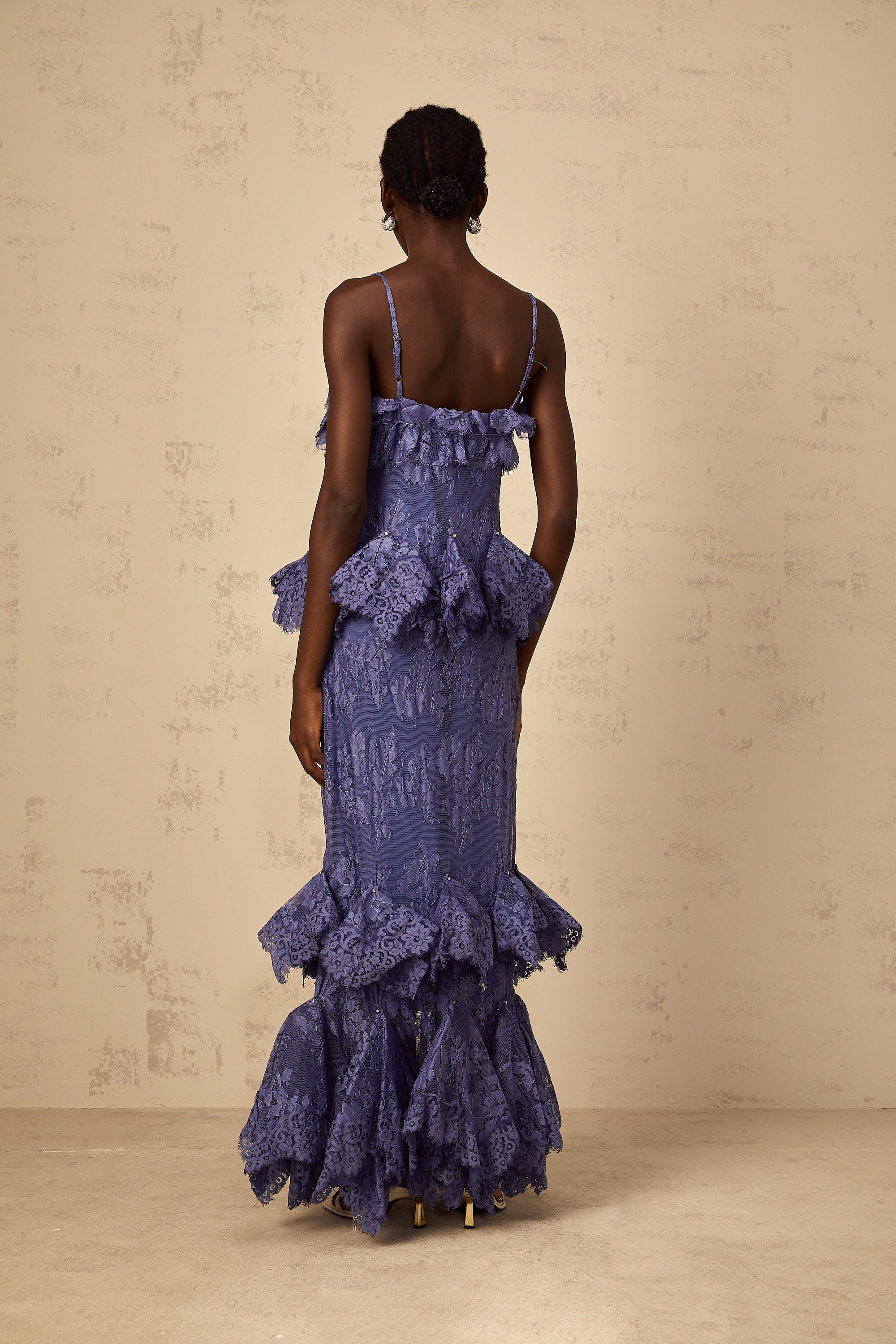Héloïse Purple Floral Lace Ruffled Maxi Dress