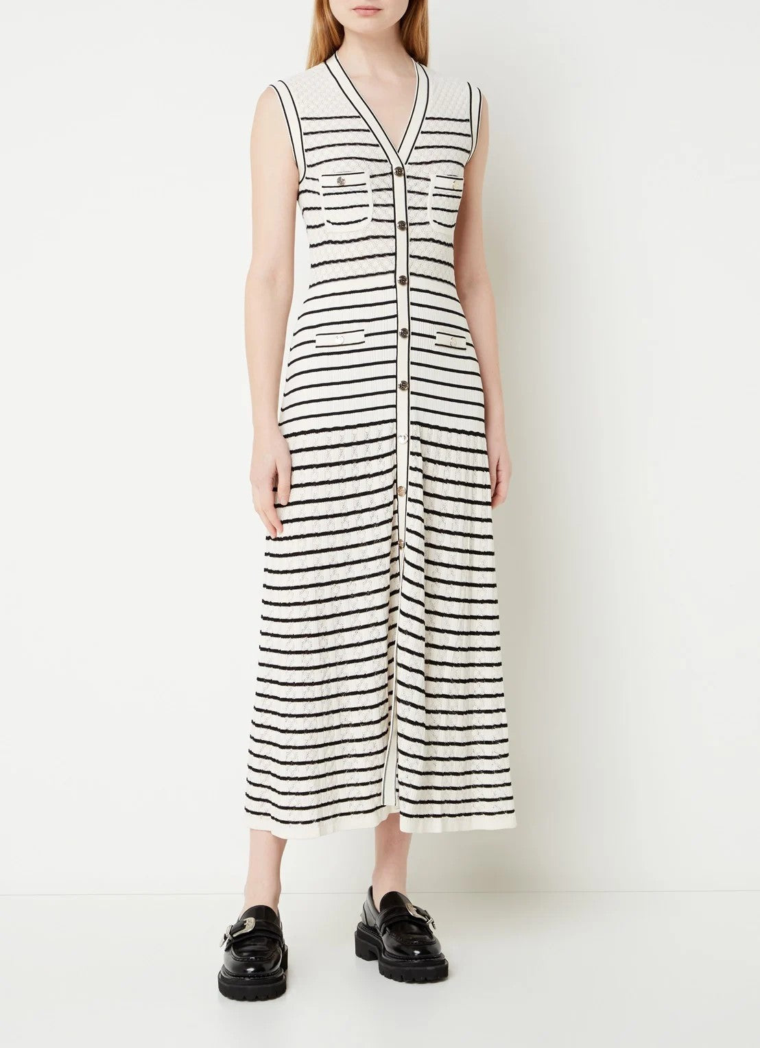 Sandro Fine knit maxi blouse dress with stripe print and patch pockets - white