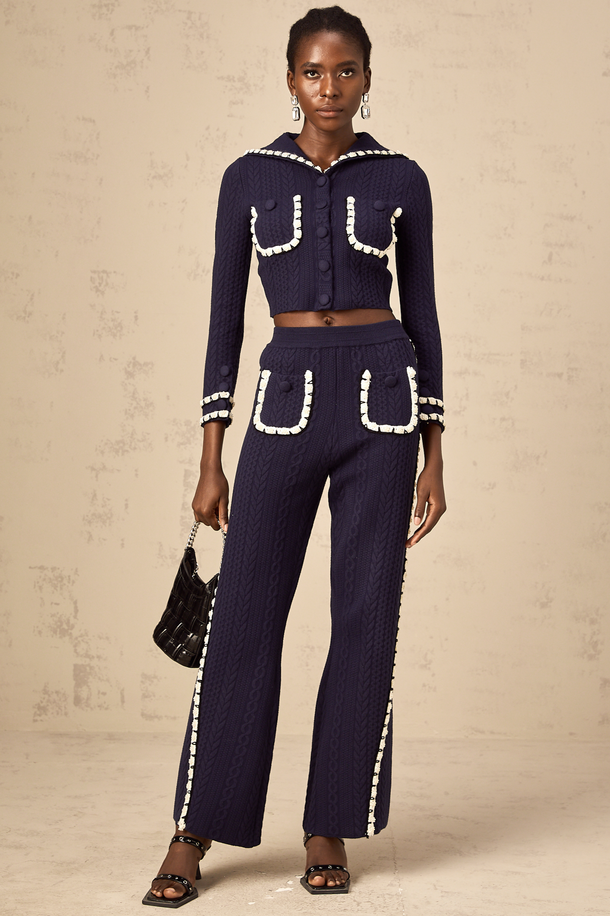 Elvira navy blue crochet-knit cardigan & trousers matching set (Final Sale-US Only)