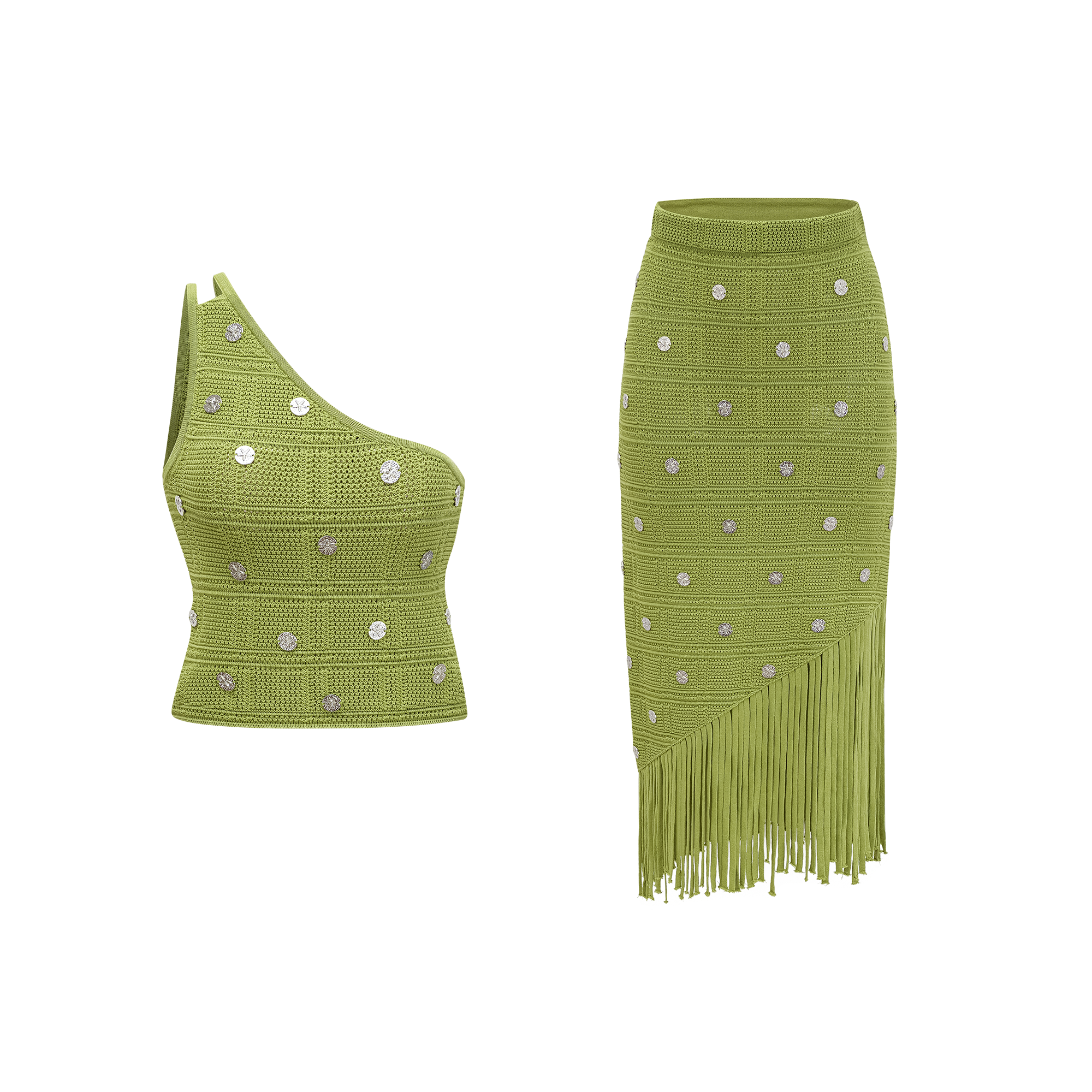 Annette green embellished knit top & skirt matching set