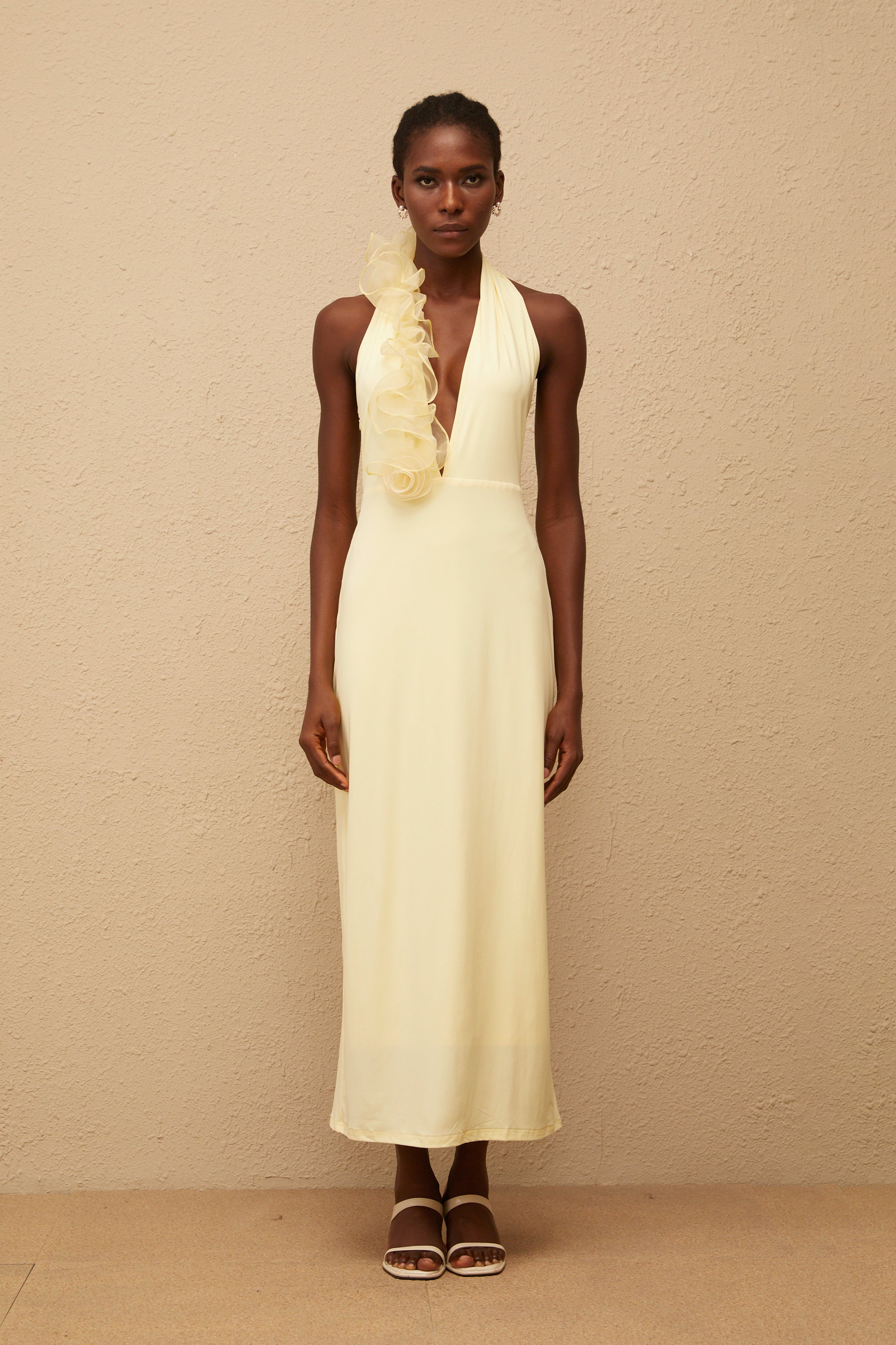 Brume Yellow Halterneck 3D Petal Maxi Dress