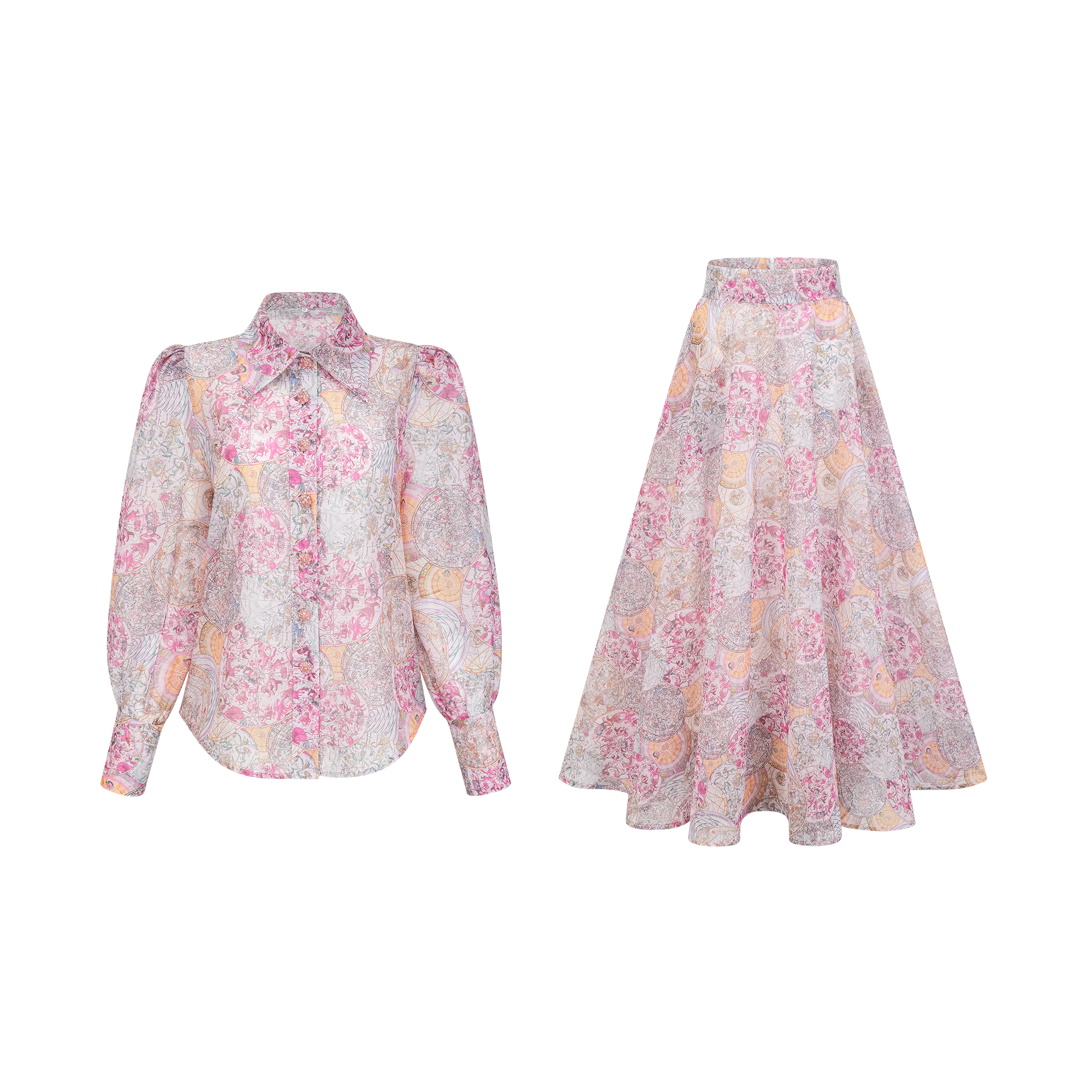 Cherry pink pattern-print shirt & skirt matching set (Final Sale-US Only)