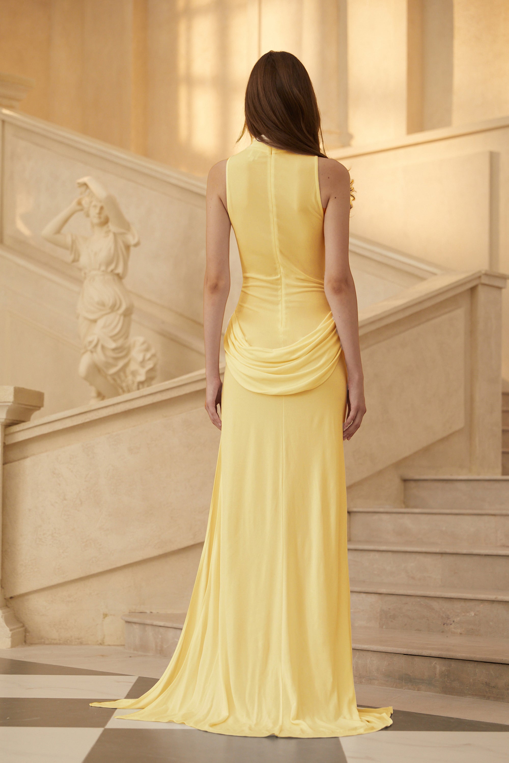 Mystérieuse Yellow Turtleneck Draped Maxi Dress