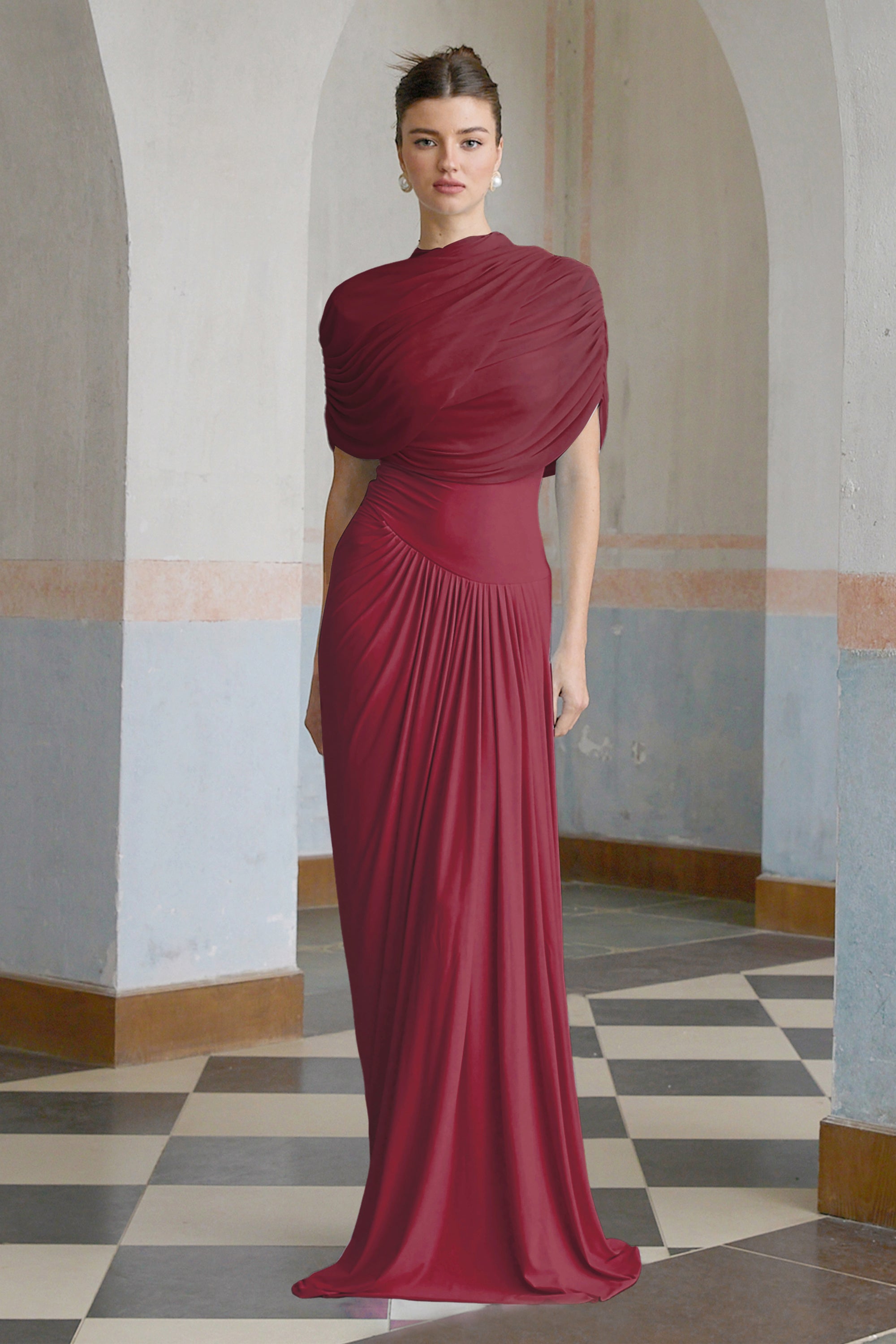 Catherine asymmetrical pleated maxi dress in Red (Final Sale)