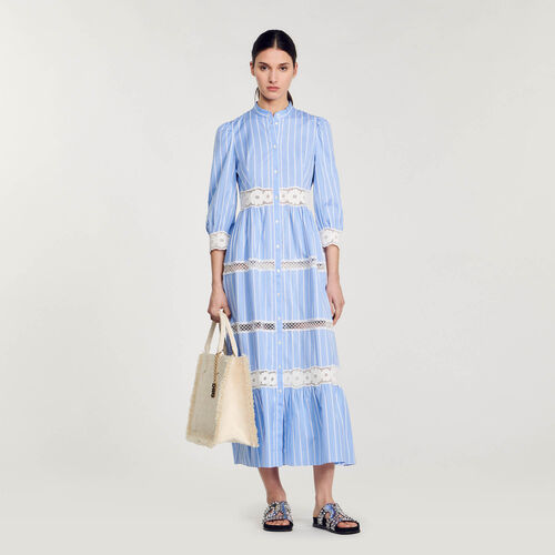 SANDRO STRIPED COTTON MAXI DRESS - Blue