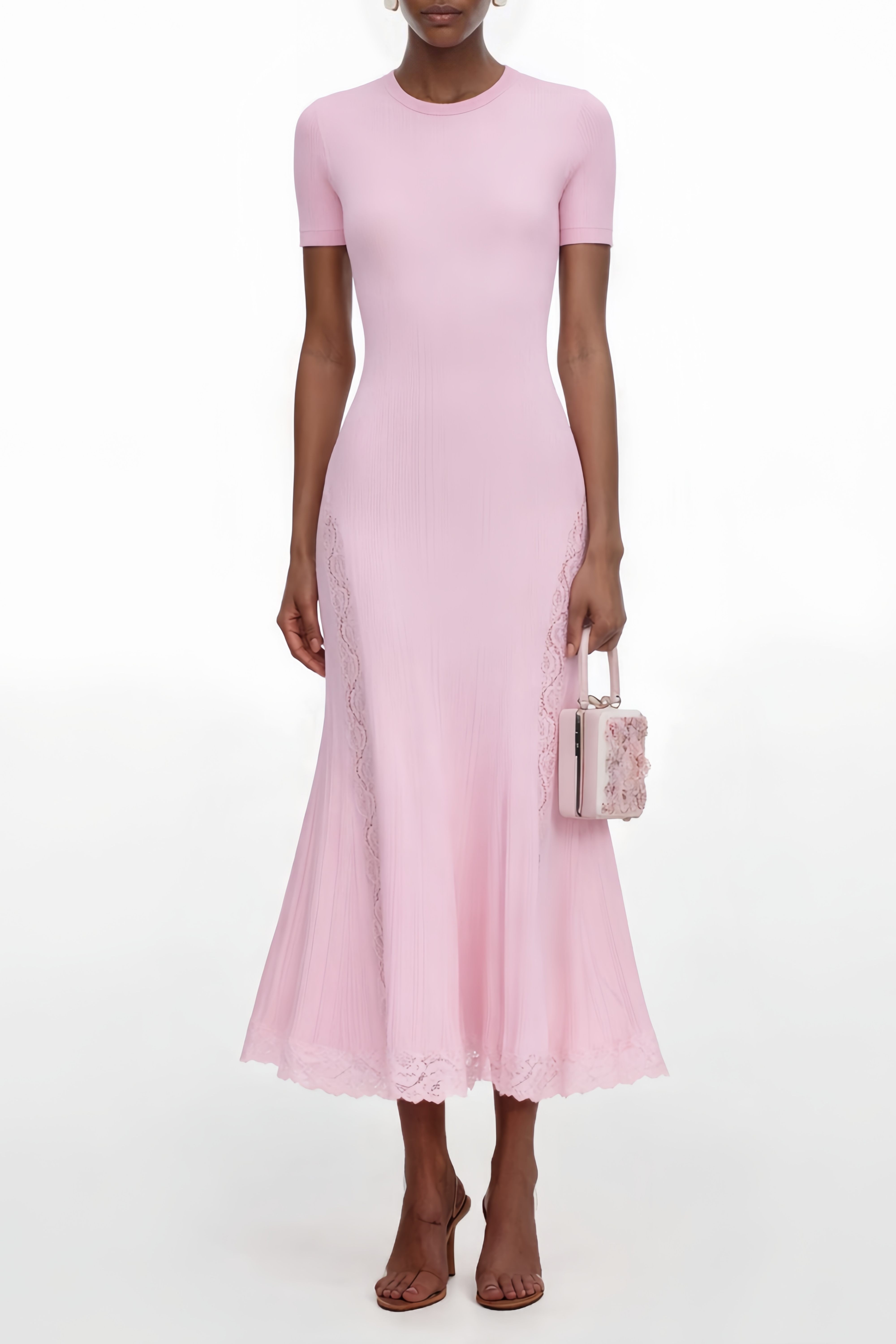 Thalya Pink Lace Trim Knit Midi Dress