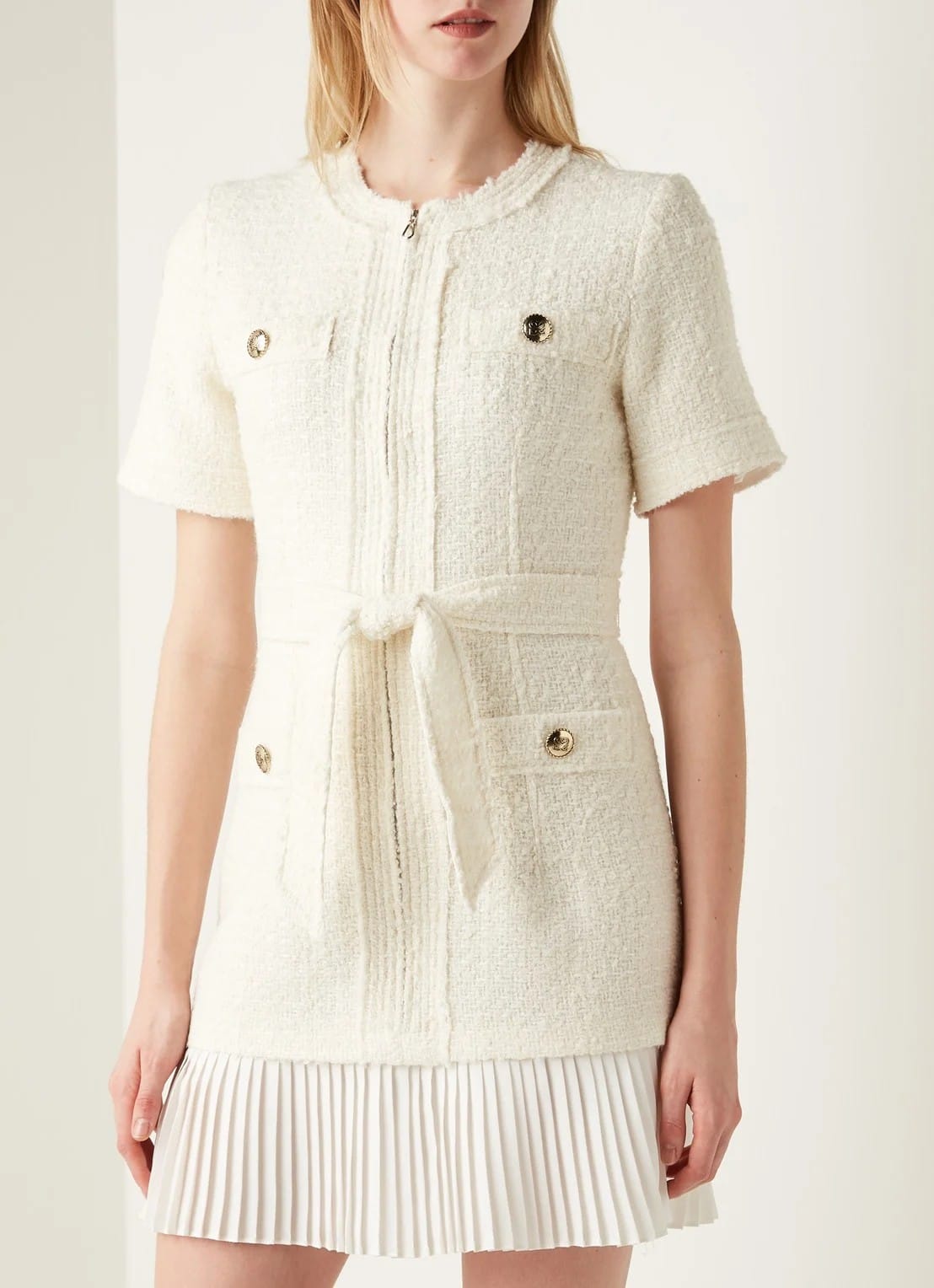 Sandro Mini tweed dress with tie belt - White