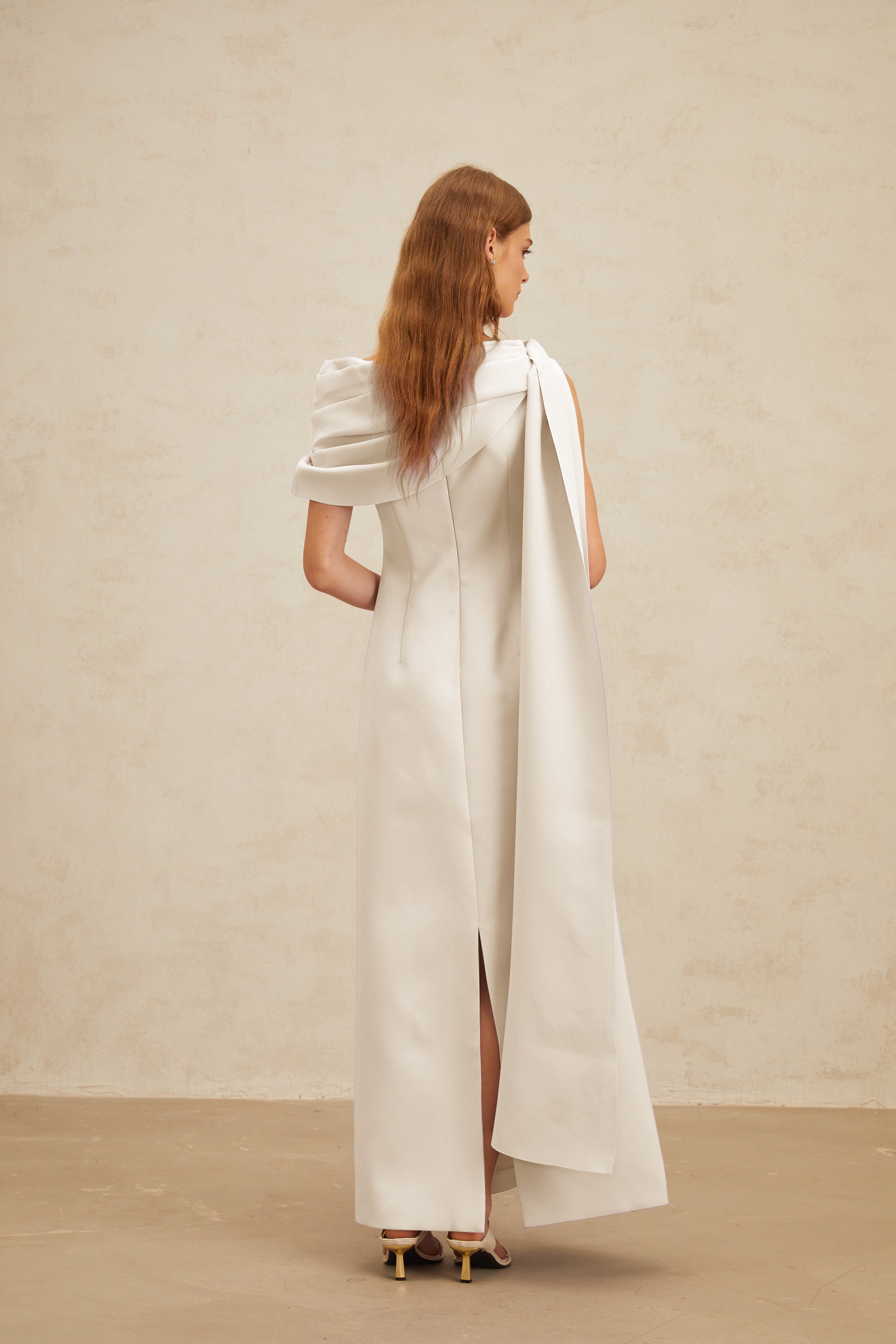 Annabelle White Cape-Design Ribbon Maxi Dress