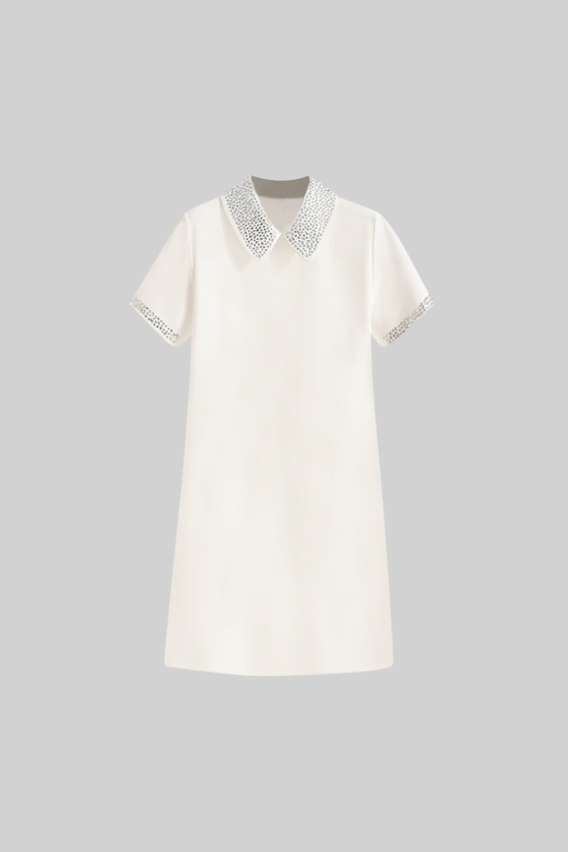 ISLA Short Sleeve Classic Mini Dress with Jewel Collar - White