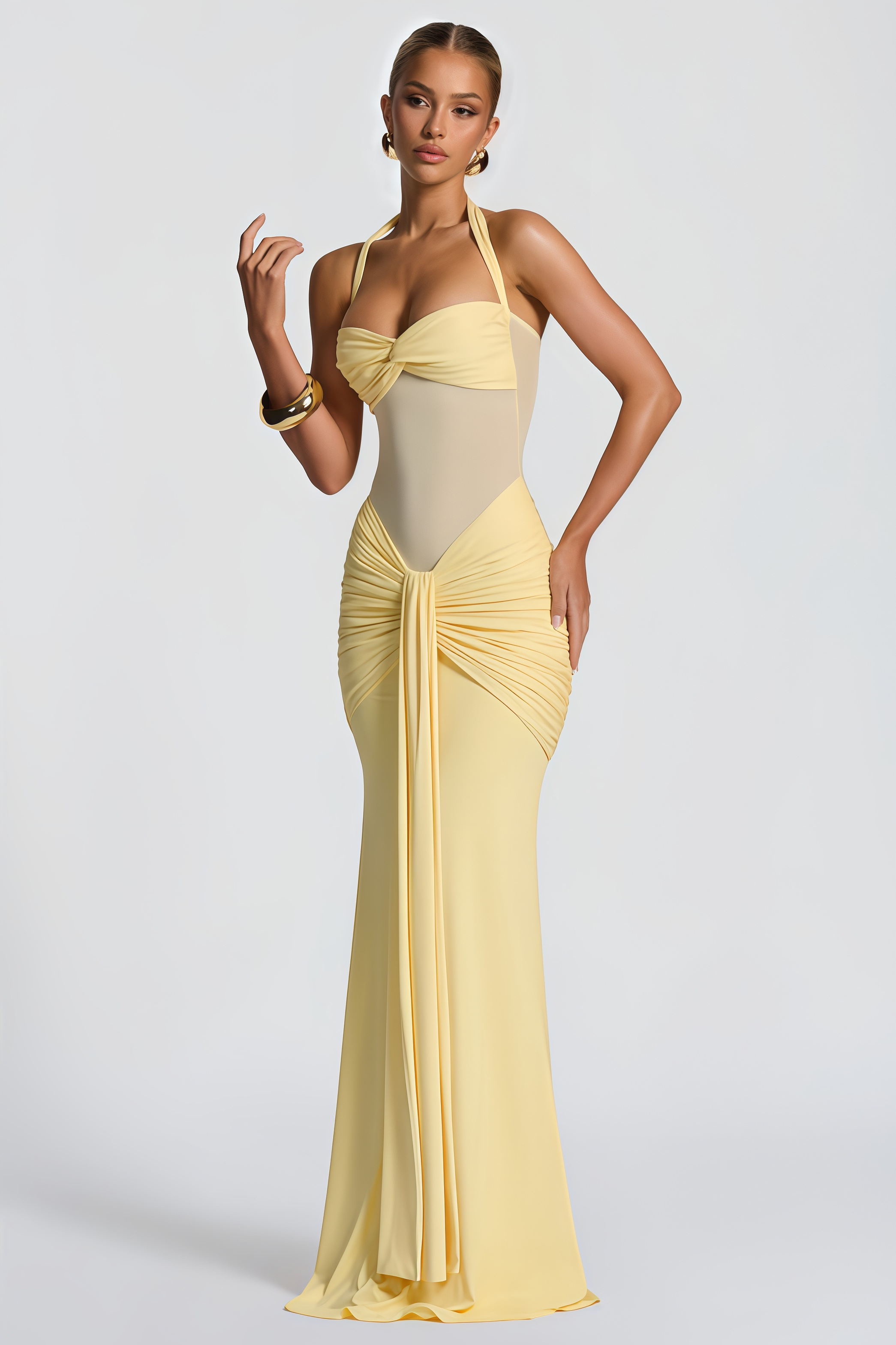Amandine Yellow Halterneck Gathered Maxi Dress
