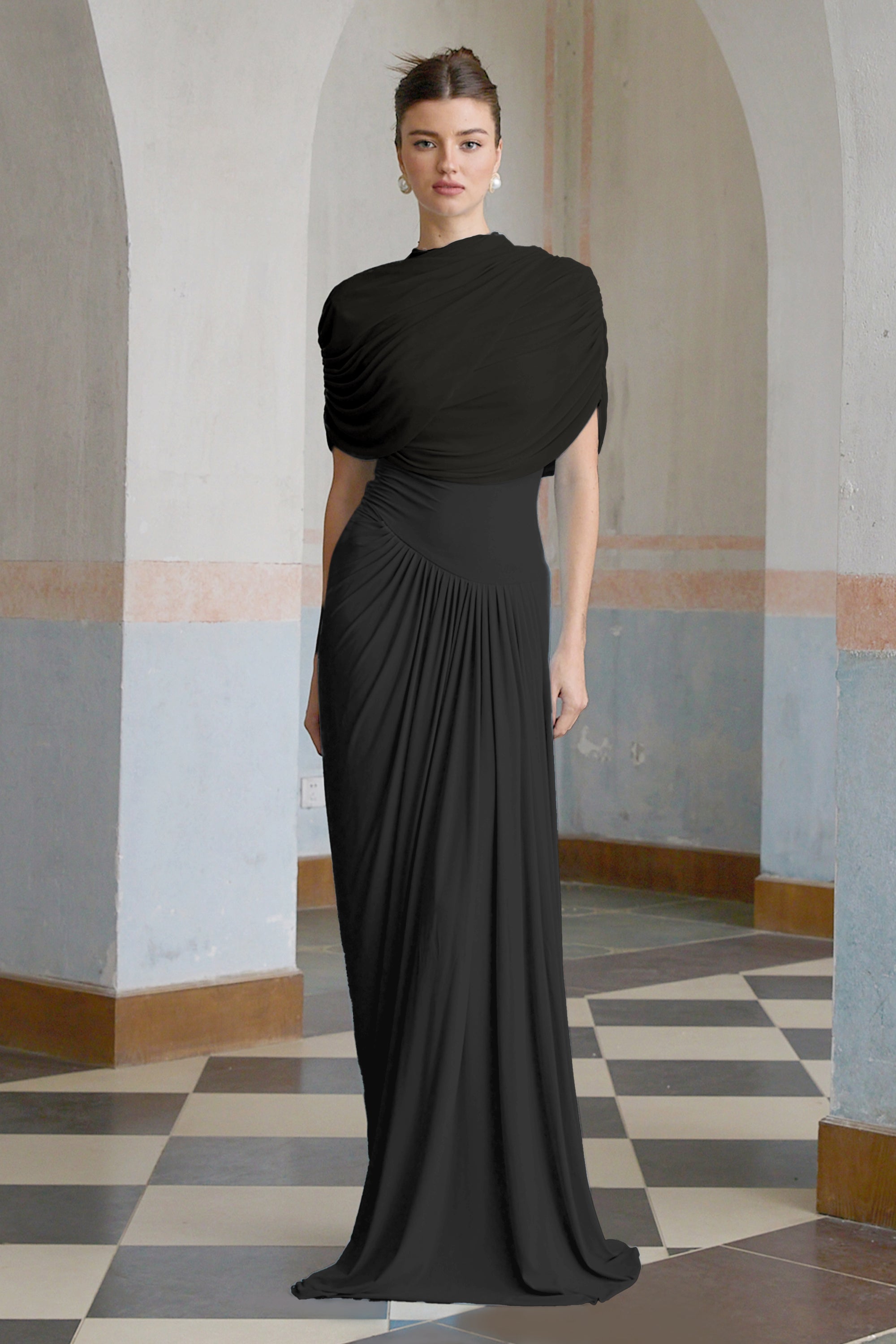 Catherine asymmetrical pleated maxi dress in Black