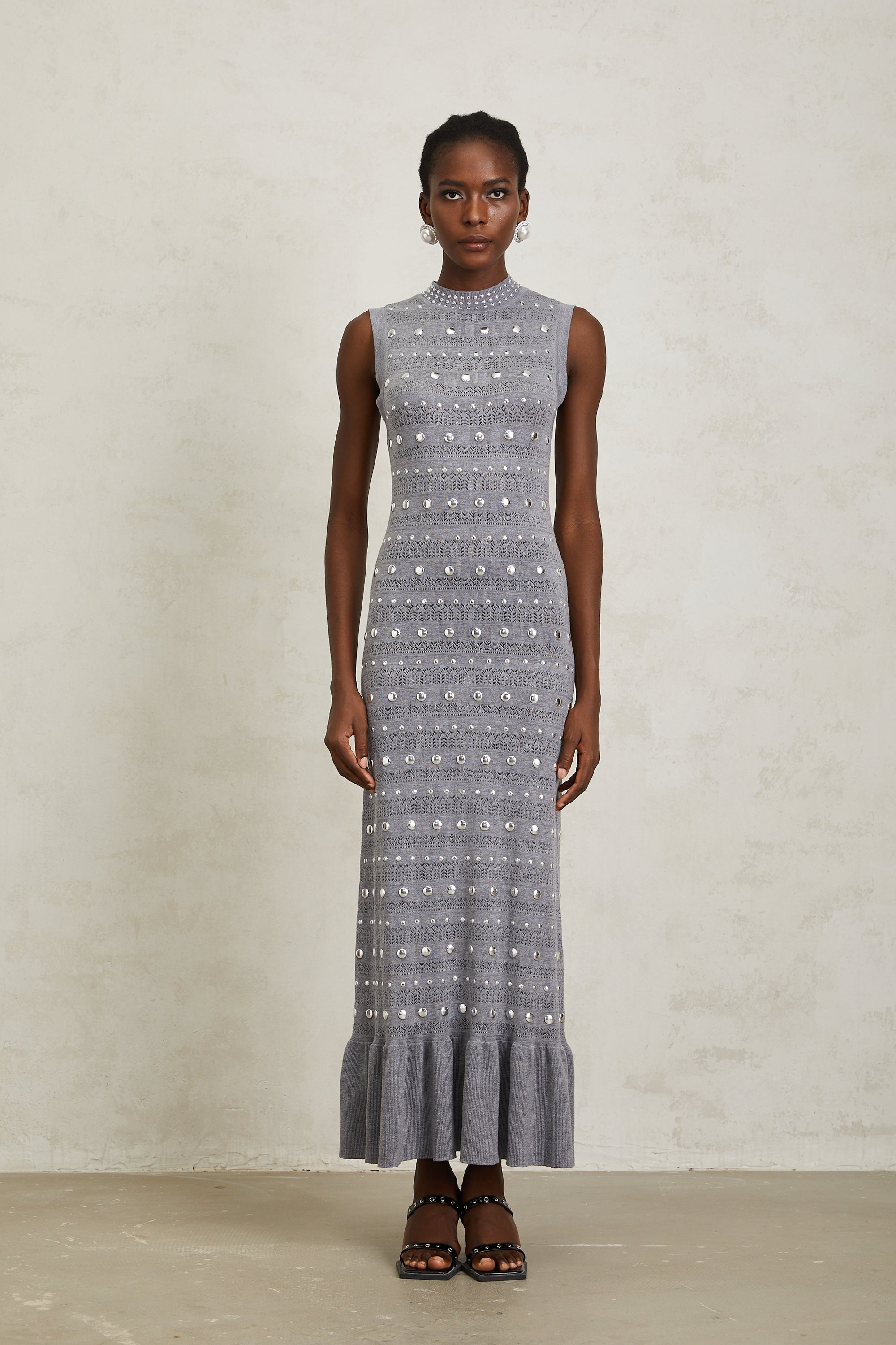 Chloé Grey Studded Crochet Knit Maxi Dress - gray