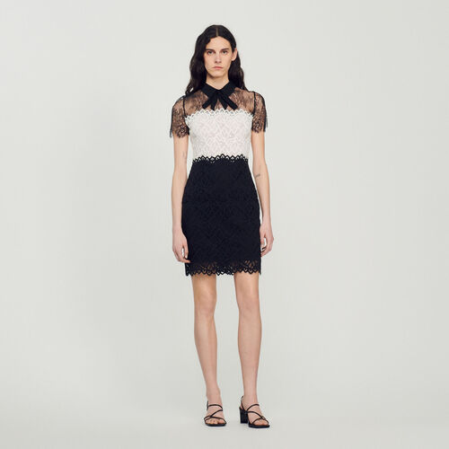 SANDRO TWO-TONE LACE DRESS - White / Black