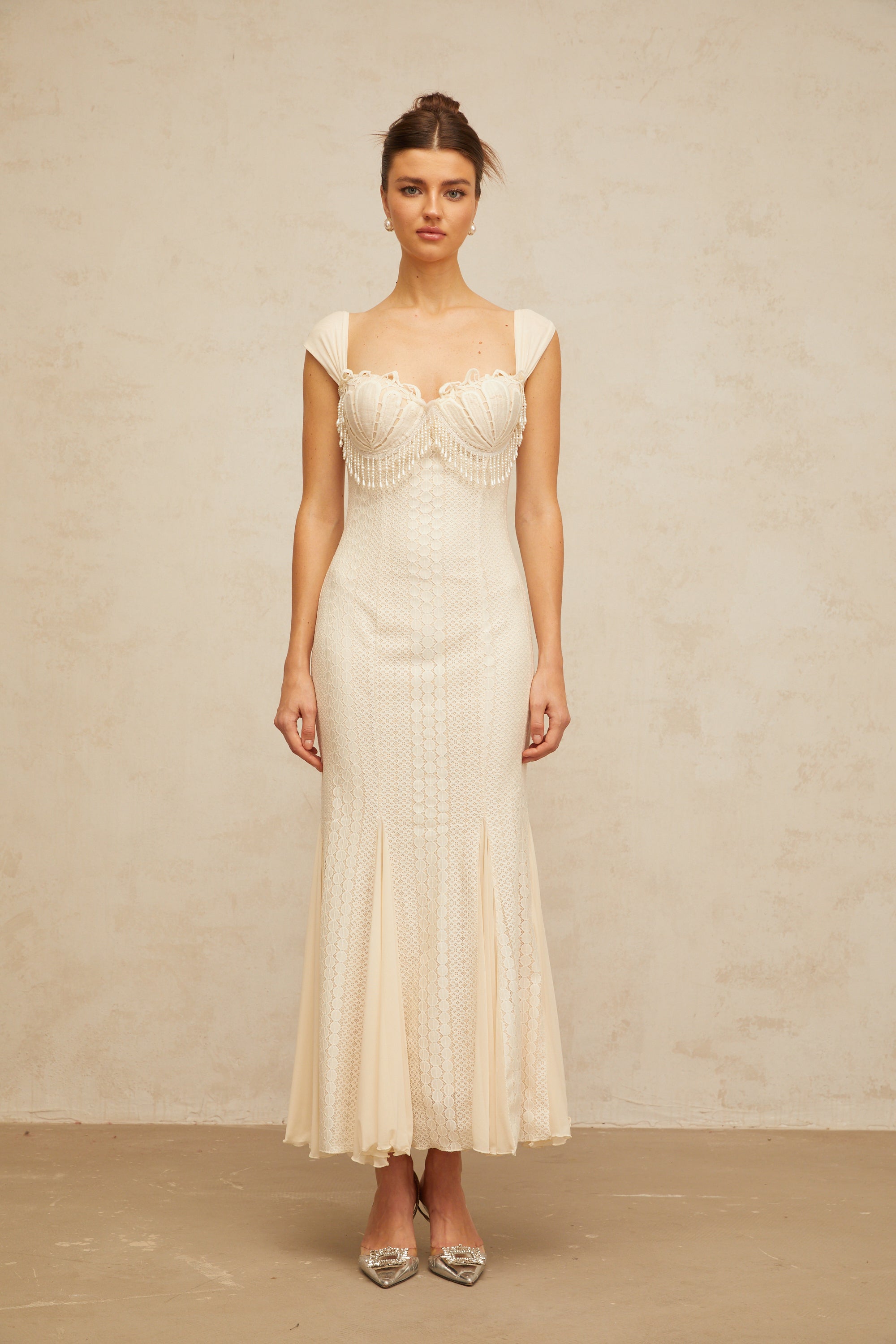 Calliopée cream-white embellished flared maxi dress