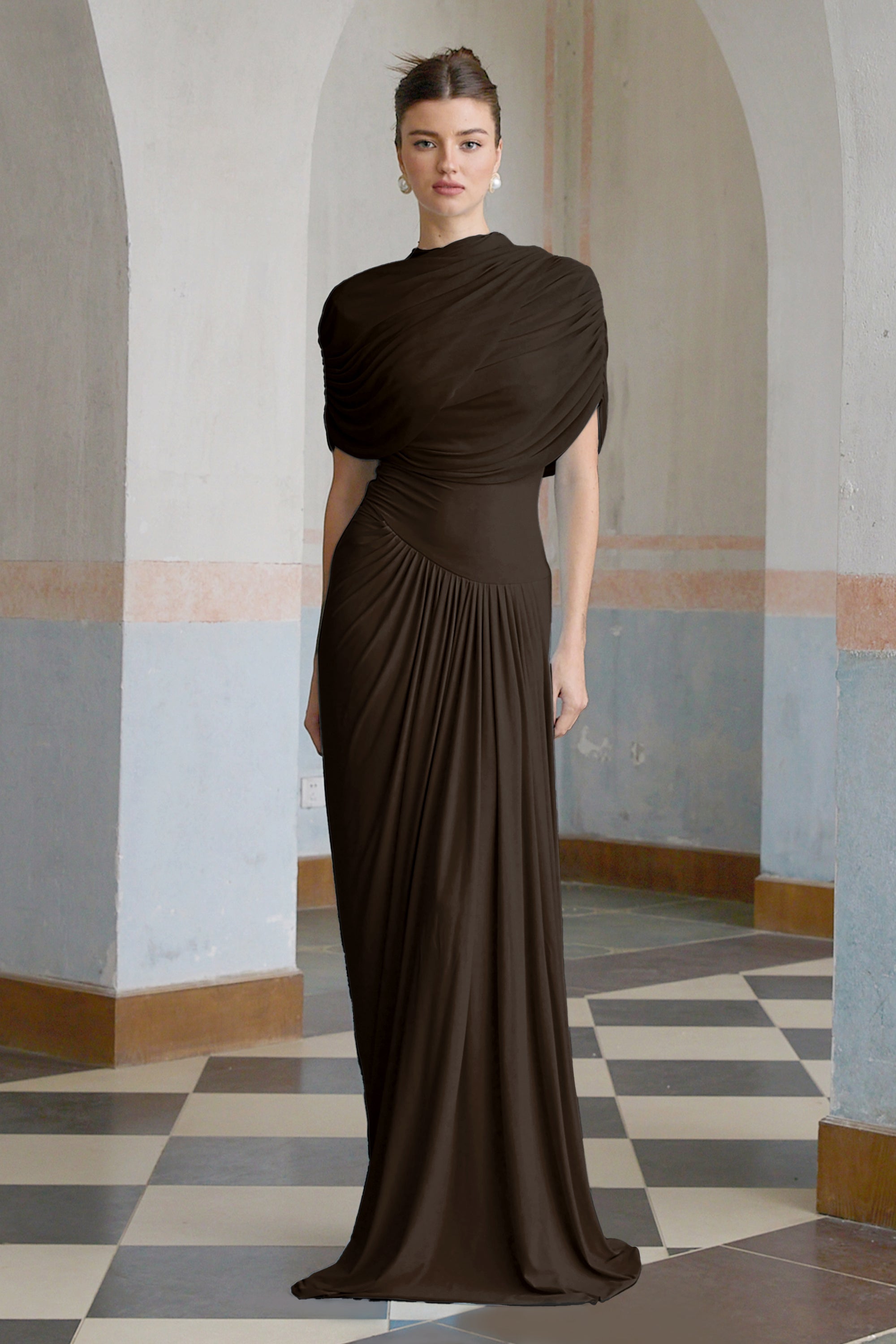 Catherine asymmetrical pleated maxi dress in Brown (Final Sale-US Only)