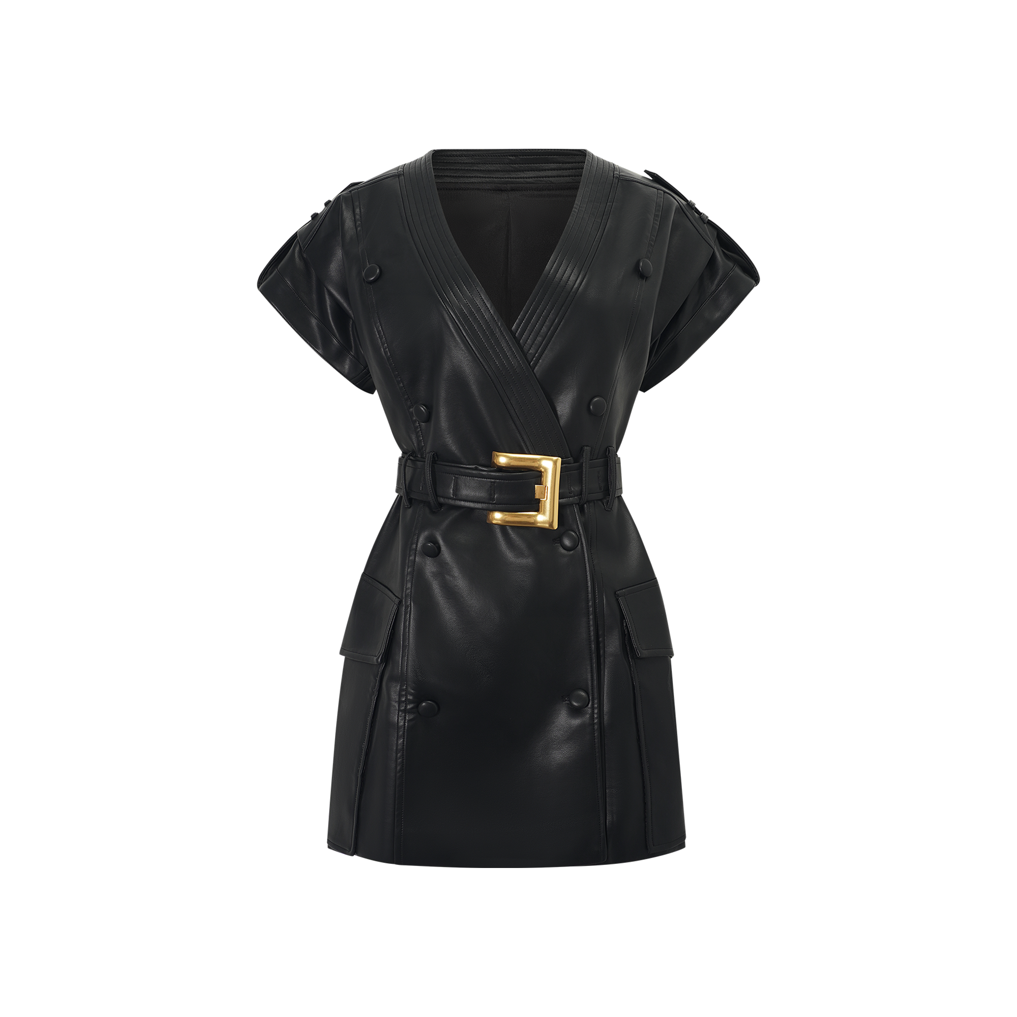 Amarante Black Double-Breasted Leather Mini Dress