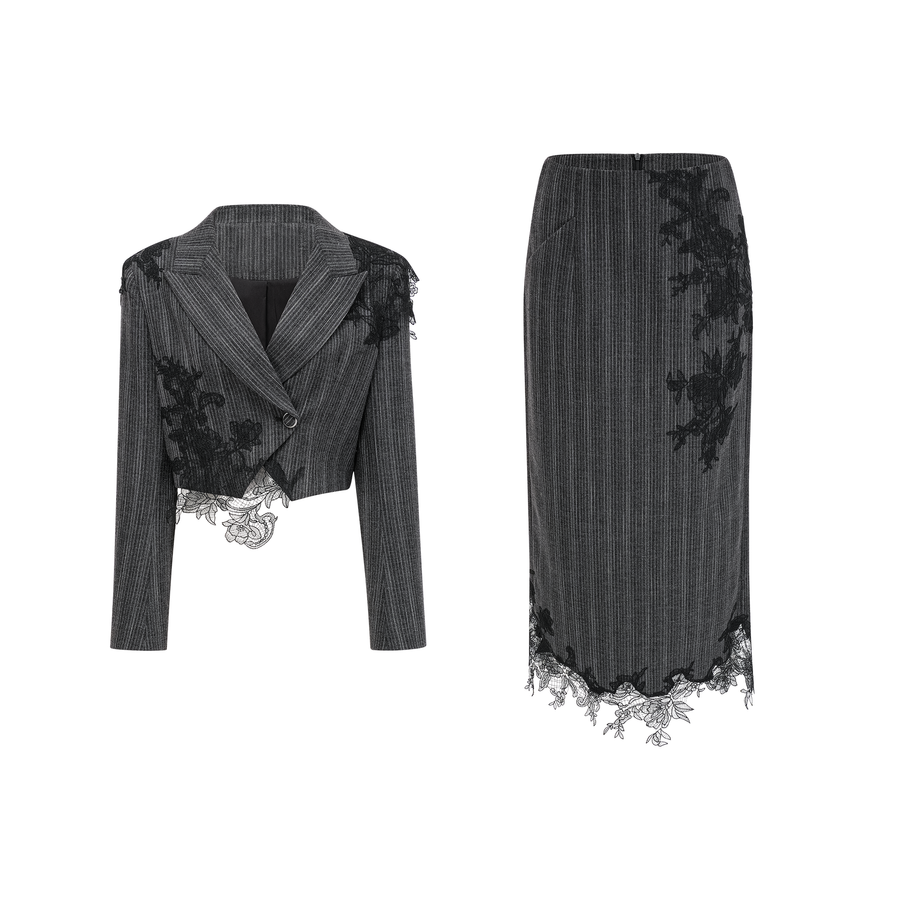 Sidonie Grey Floral Appliqué Striped Blazer & Skirt Set
