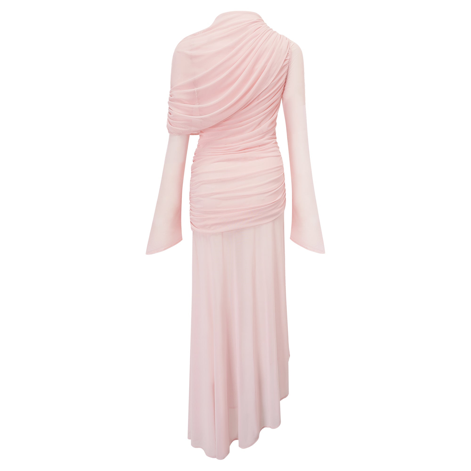 Garance Pink Asymmetrical Ruched Mesh Maxi Dress (Final Sale-US Only)