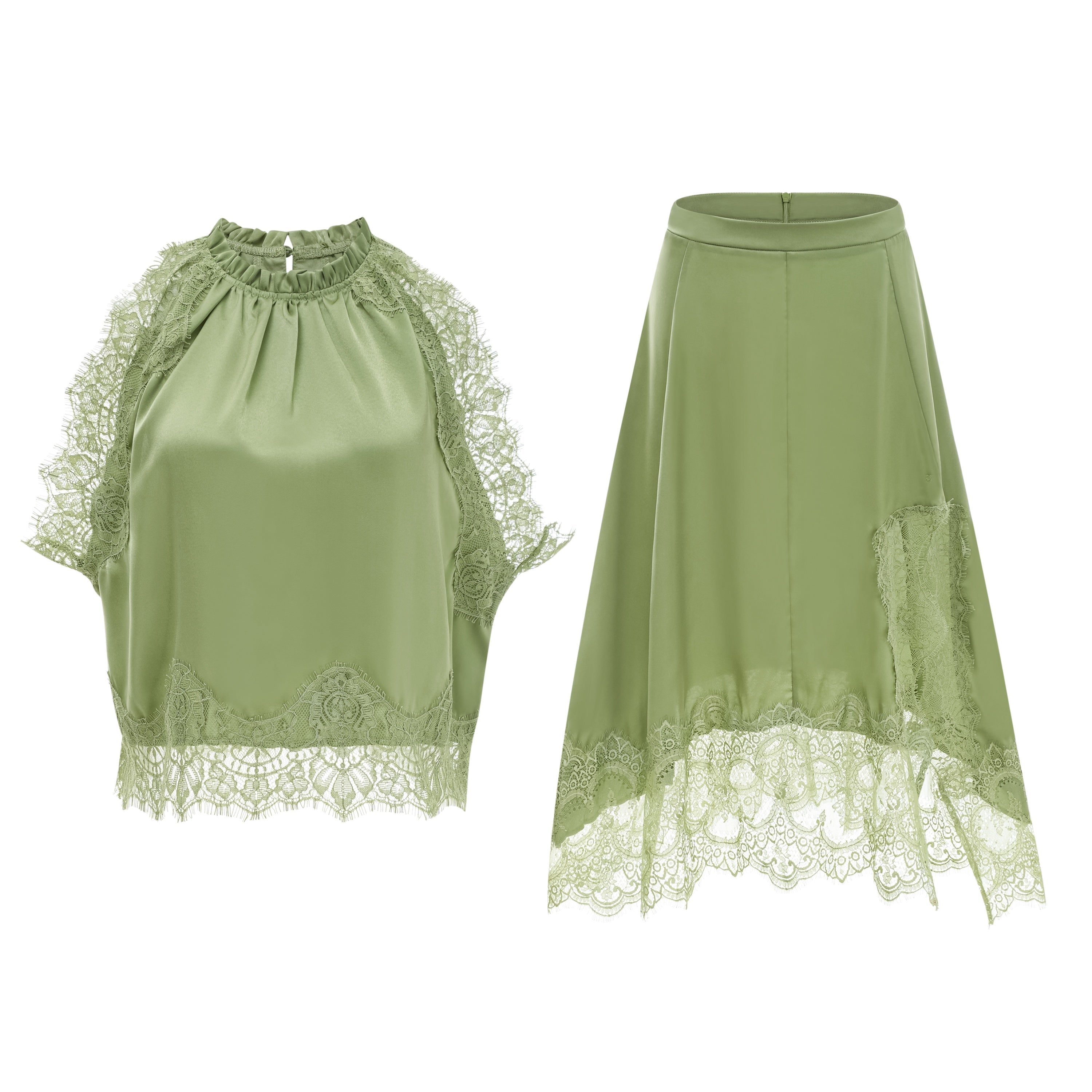 Florence Green Lace Panel Top & Skirt Set