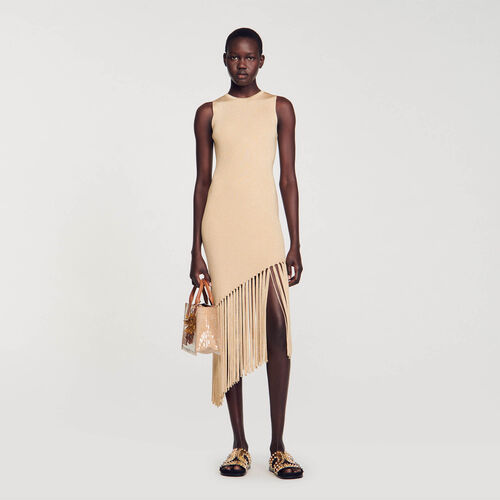 SANDRO ASYMMETRICAL FRINGED MAXI DRESS - Beige