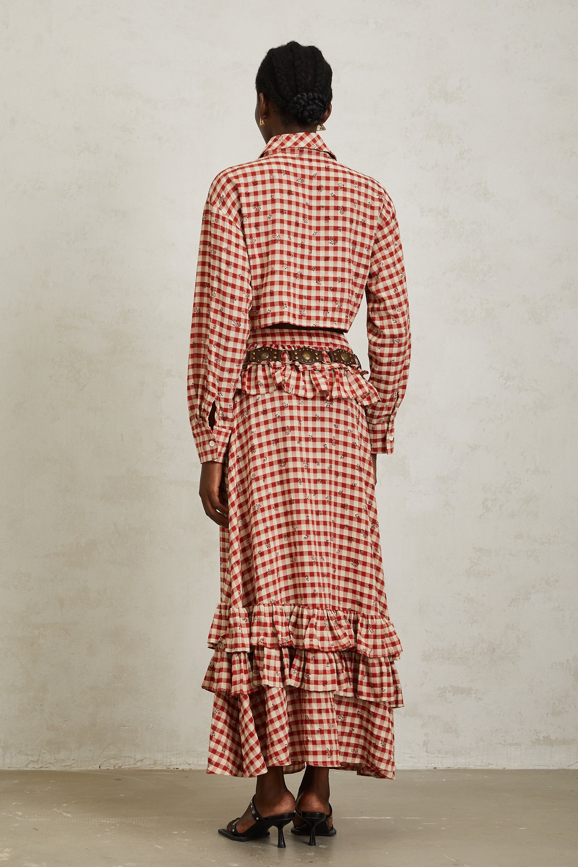 Céline Red Rose Print Plaid Shirt & Skirt Set