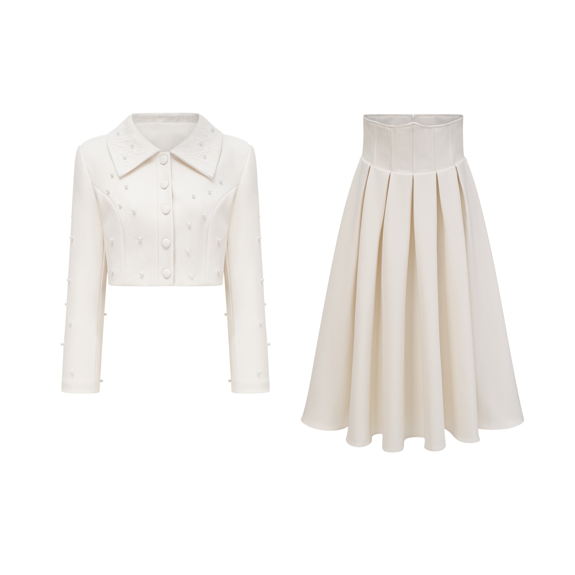 Maja White Faux Pearl Jacket & Pleated Skirt Set