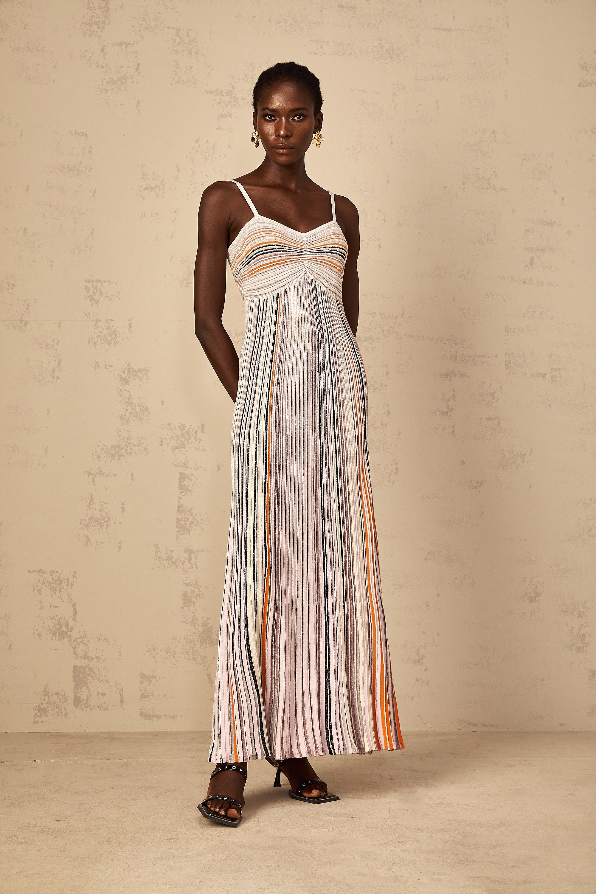 Bruyère Neutral Sequin Striped Knit Maxi Dress