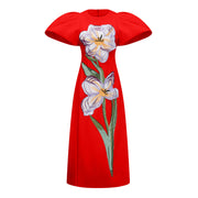 Irène Red Sequined Floral Embroidered Midi Dress